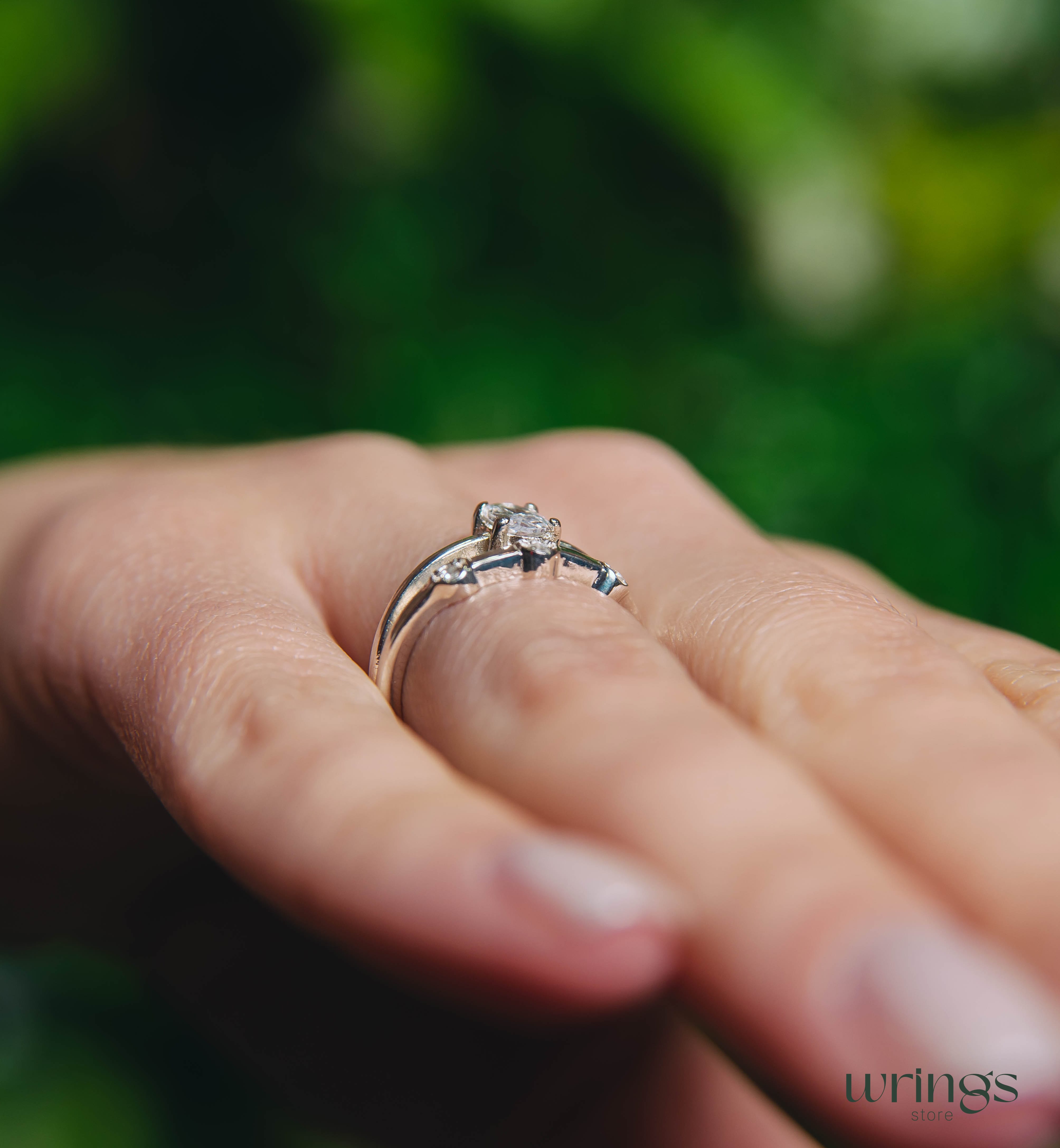 Oval Diamond CZ Double Engagement Ring Band Side Stones