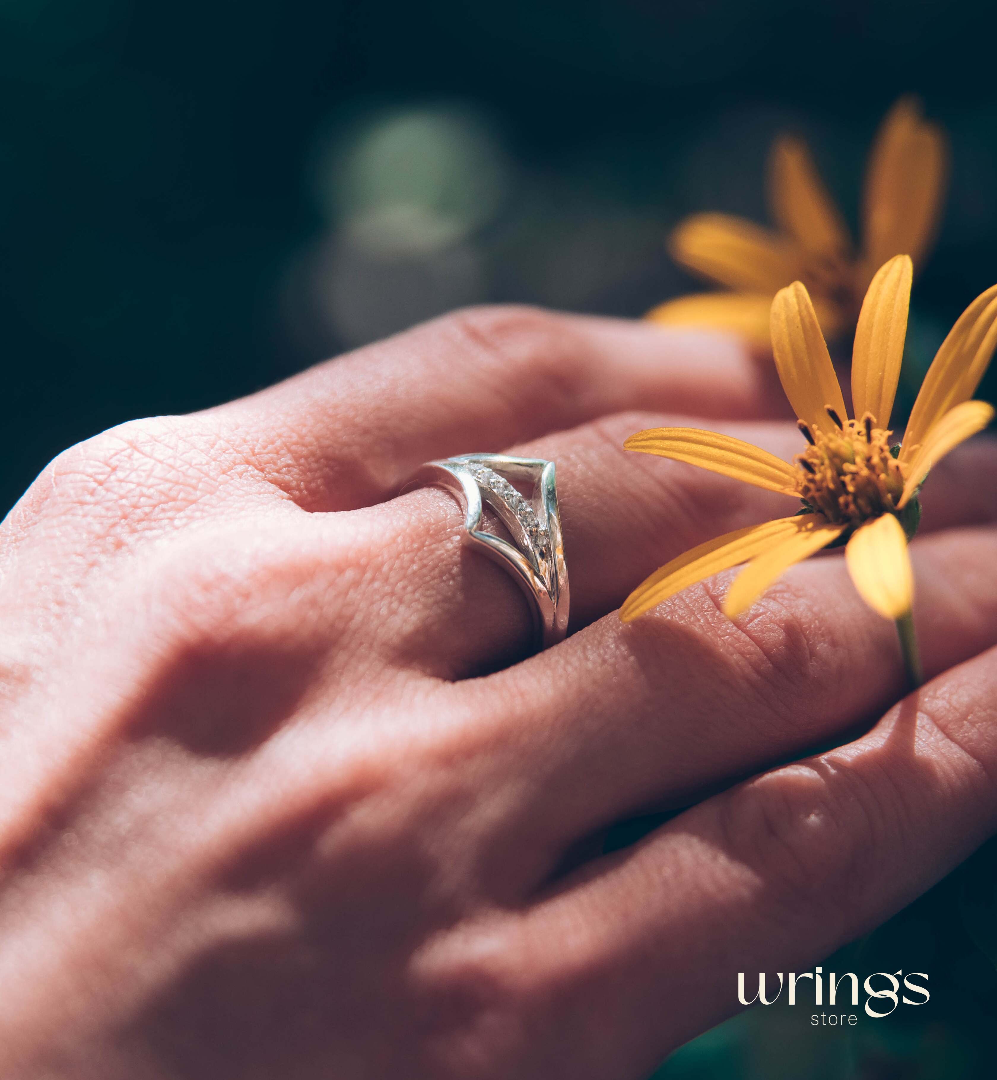 Double Chevron Diamond Wedding Ring Silver Geometric