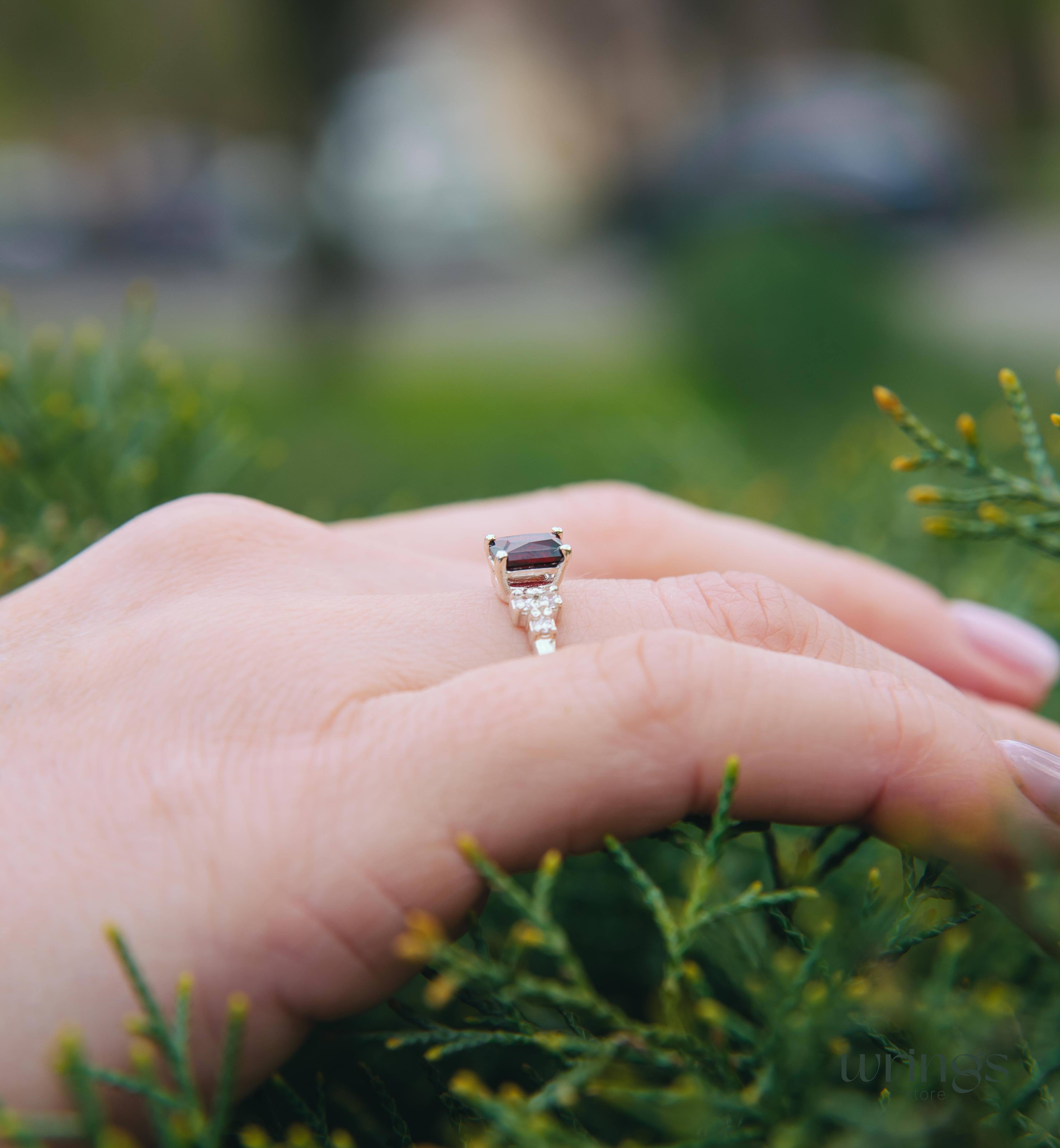 Octagon Garnet & Multi Side Stones Cluster Ring Silver