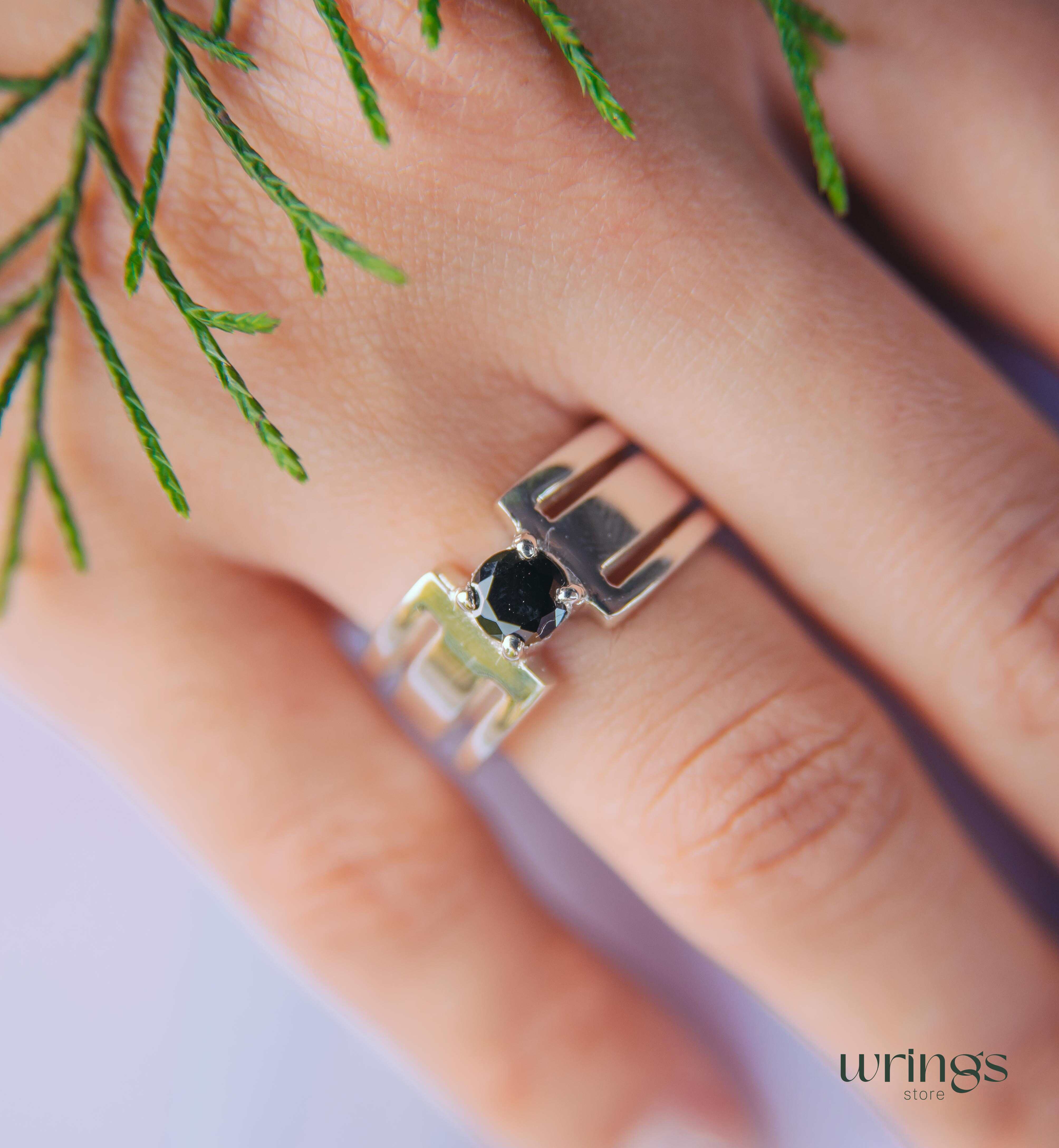 Round Black Diamond Silver Wide Band Engagement Ring