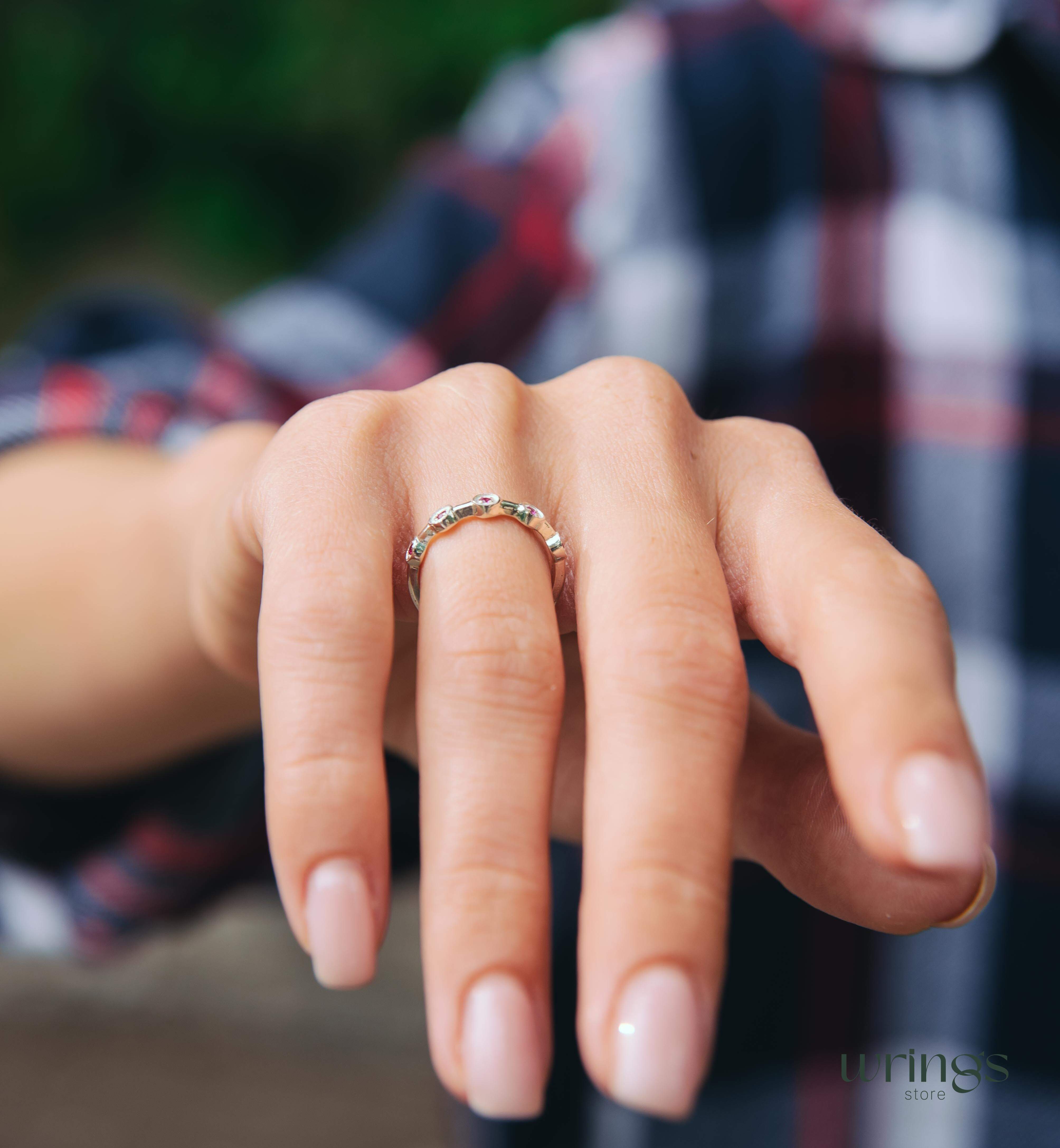 Dainty Rubies in 5 Small Dots Stackable Ring Silver