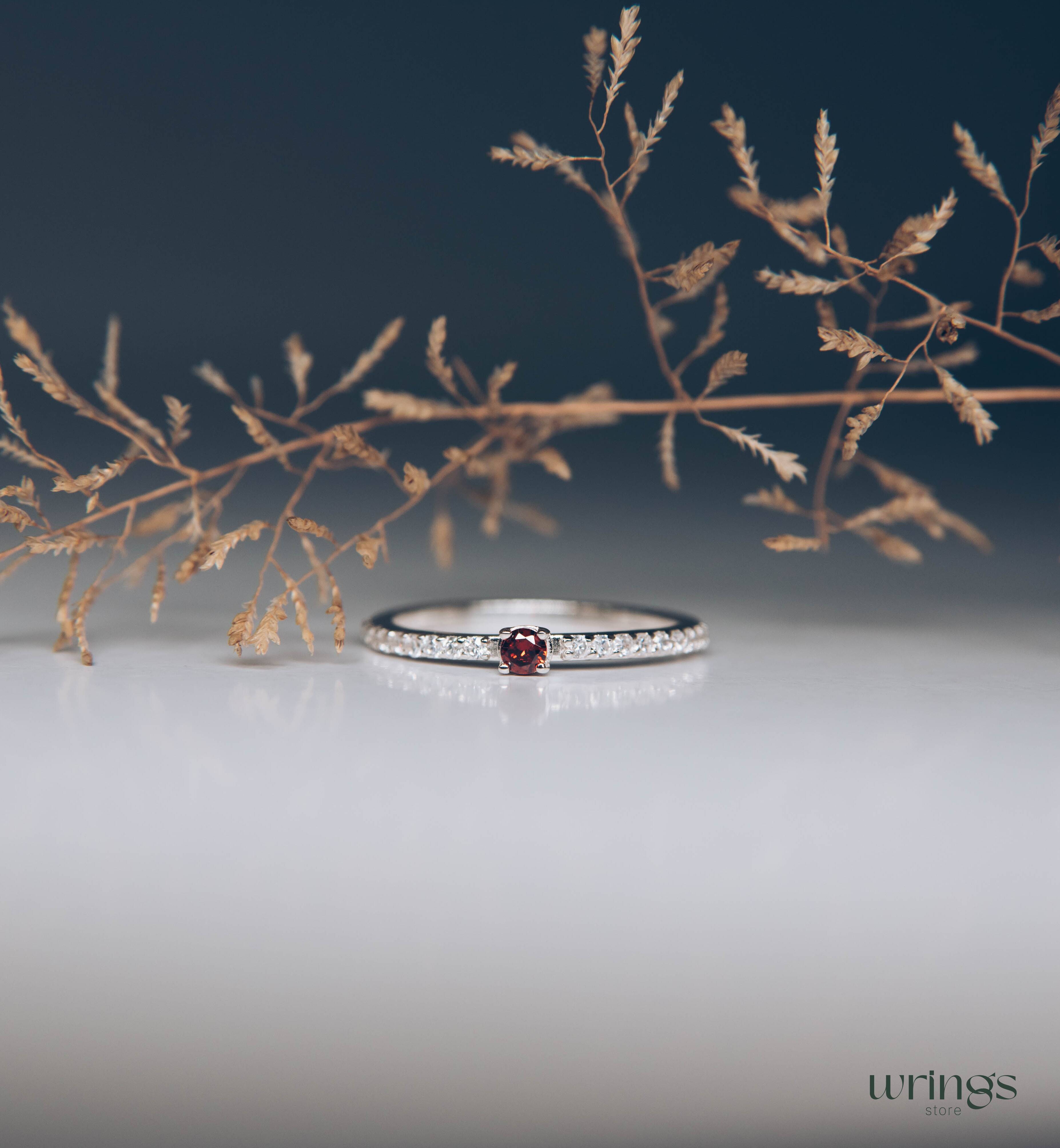 Dainty Garnet & Side Stones Silver Engagement Ring