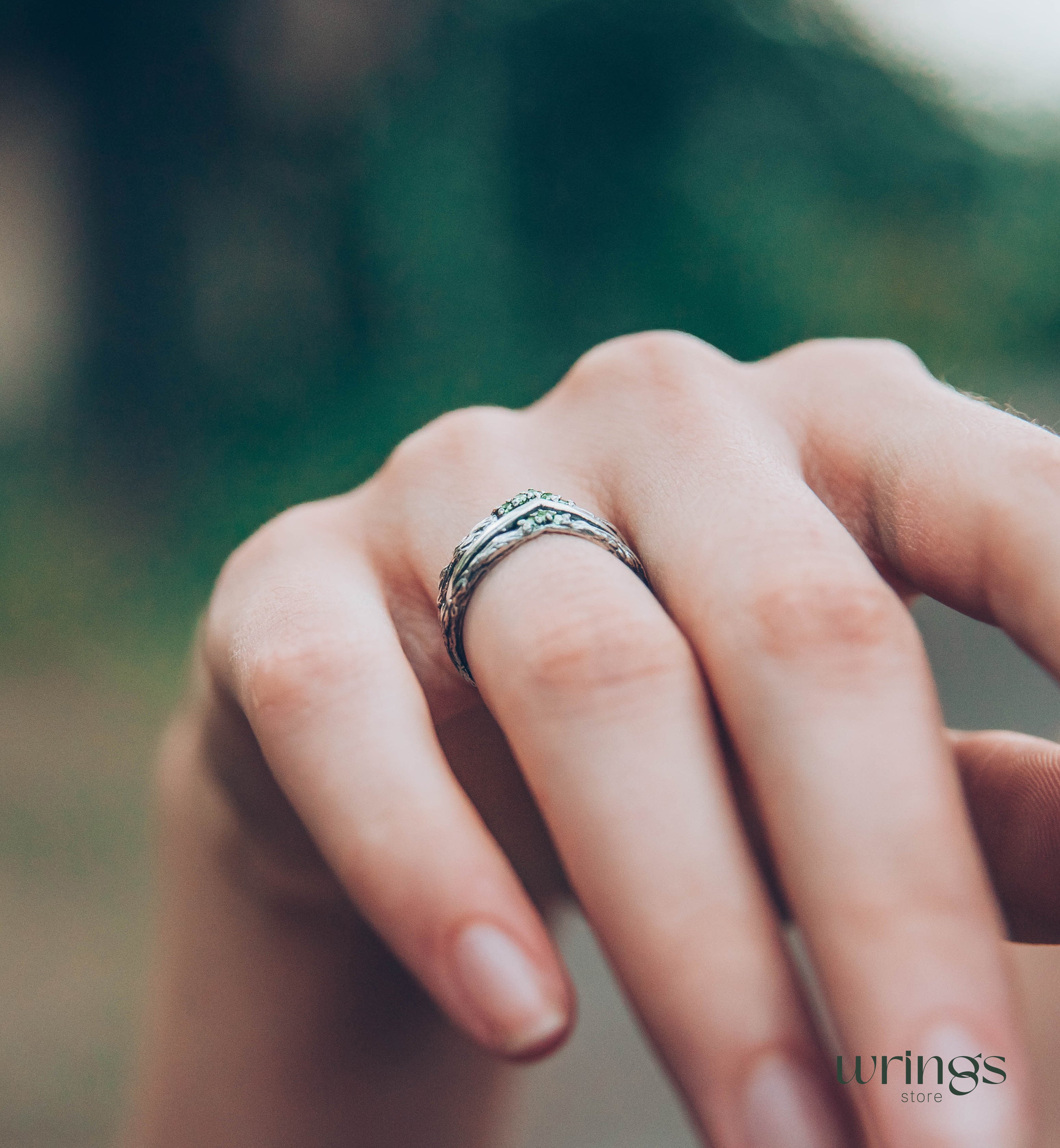 Silver Chevron Wedding Ring with Cute Tiny Emeralds
