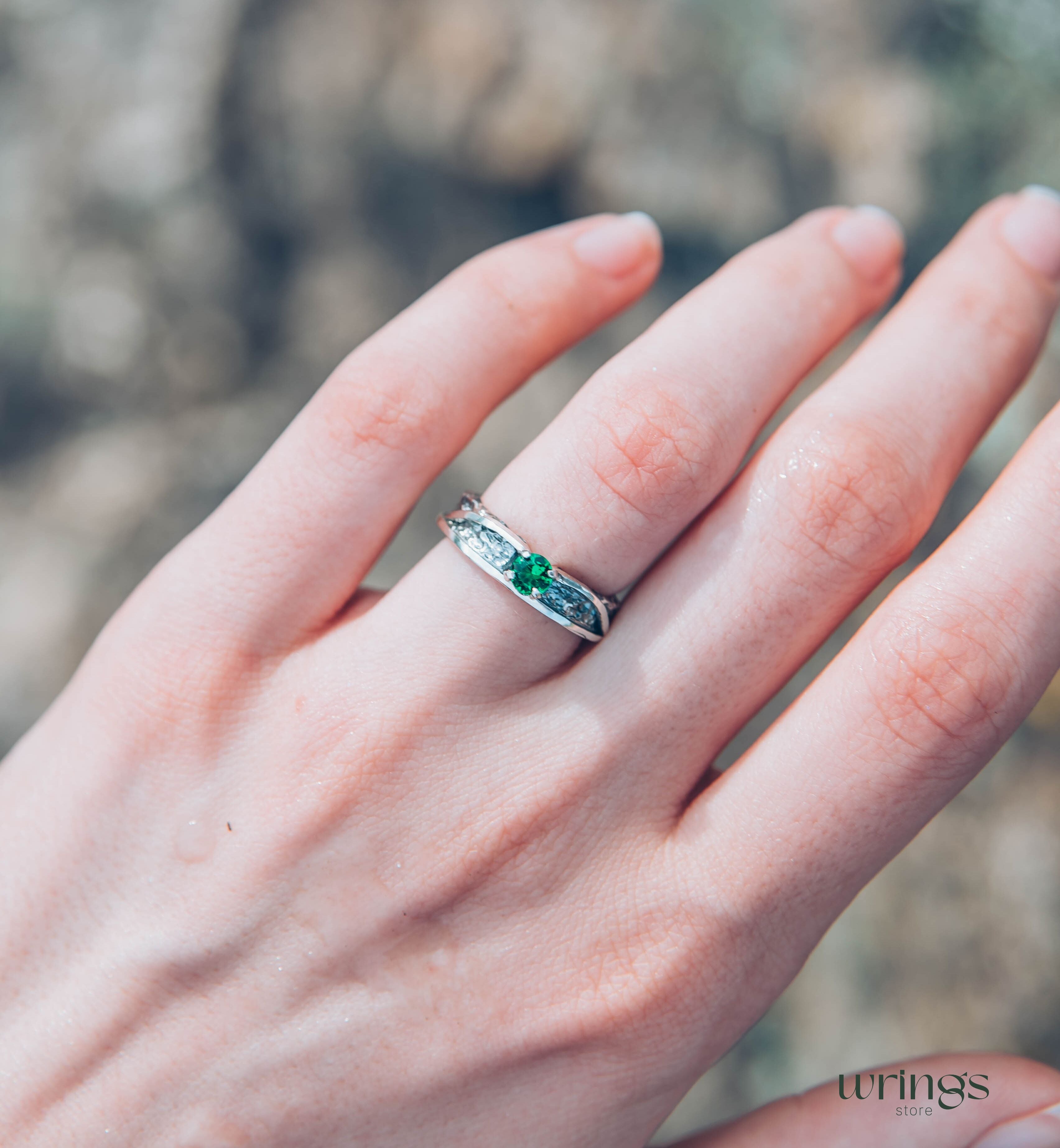 Avant garde Silver Hammered Engagement Ring with Emerald