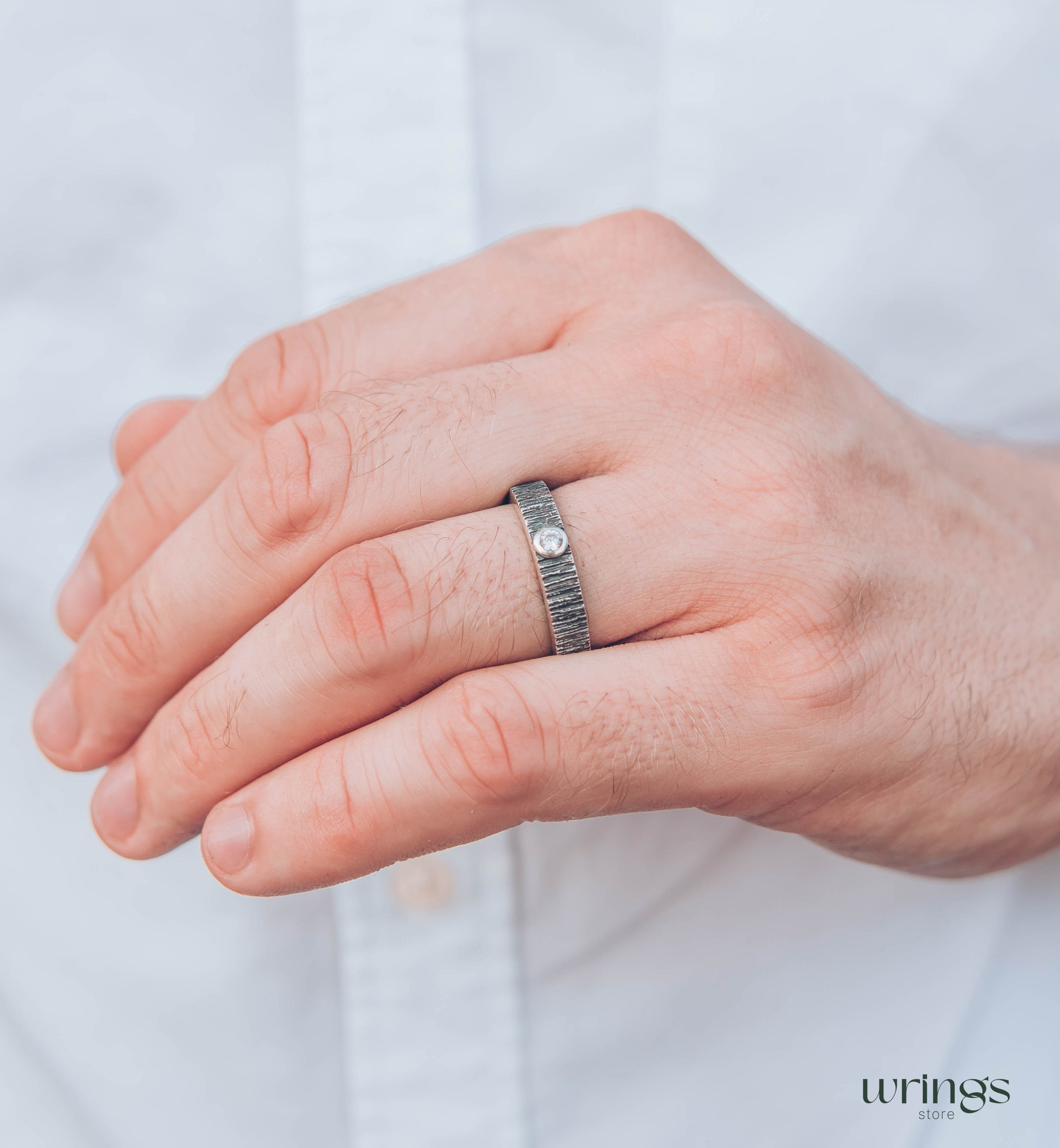 Bezel Diamond and Tree Bark Textured Silver Wedding Ring