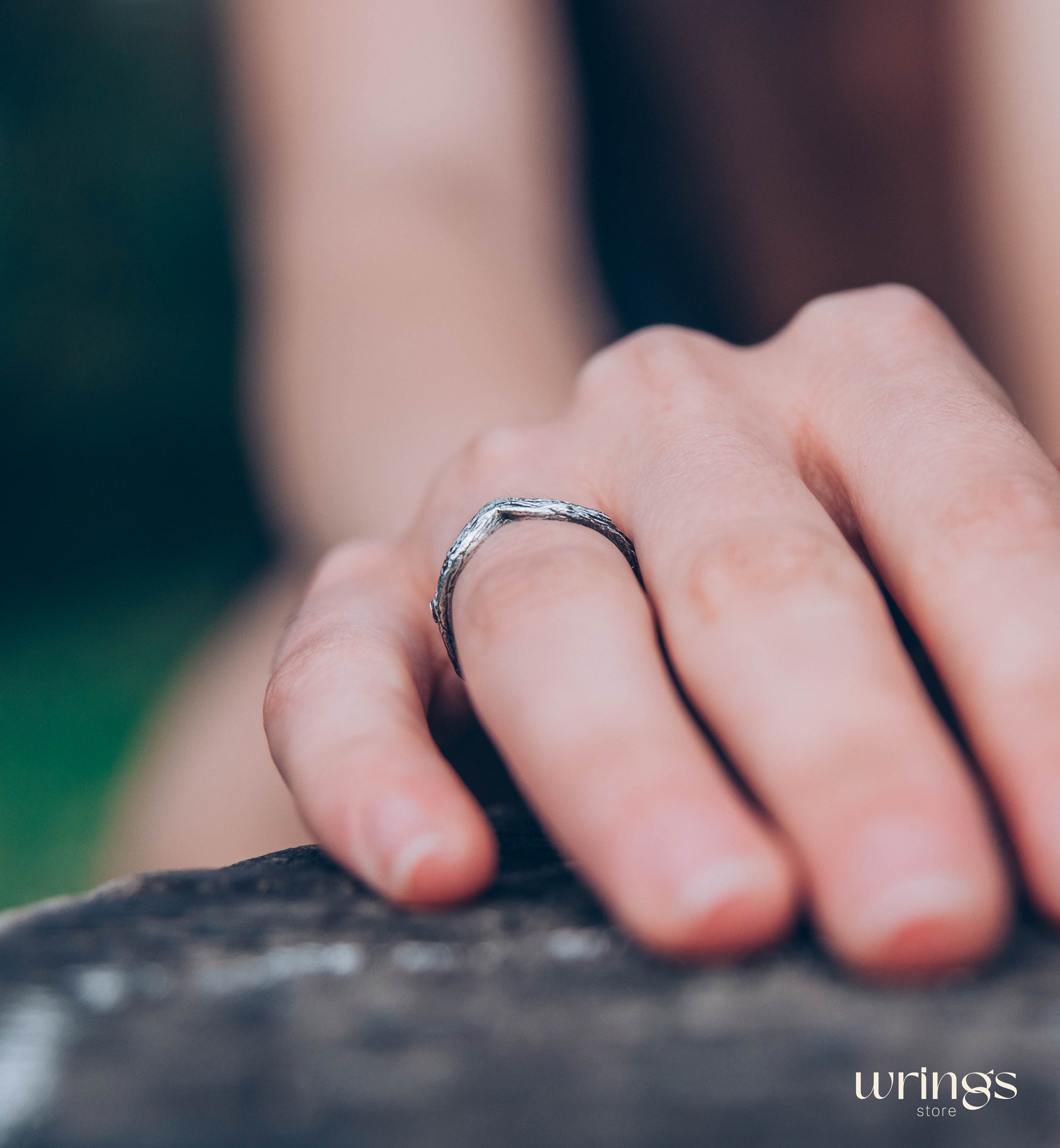 Tree bark Silver Simple Chevron Wedding Band