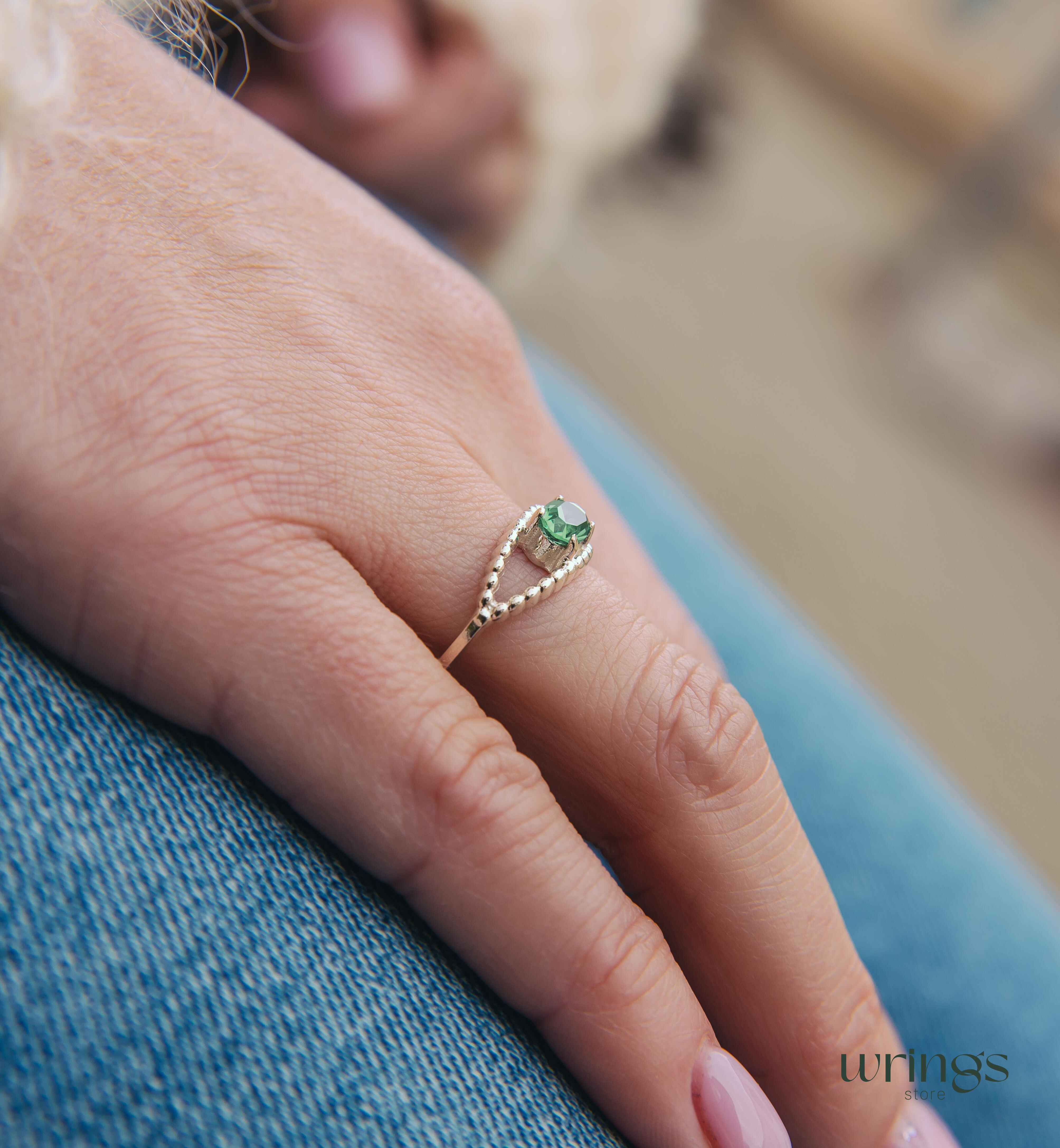 Beaded Silver Evil Eye Ring with Magical Green Quartz