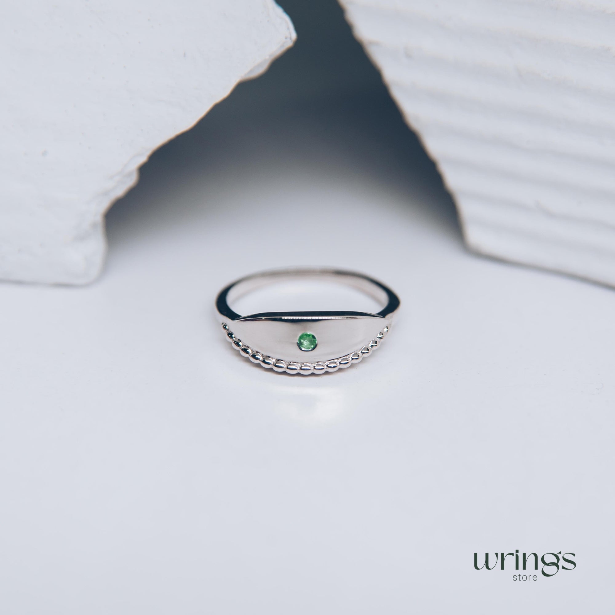 Beaded Silver & Emerald Evil Eye Ring Boho Style