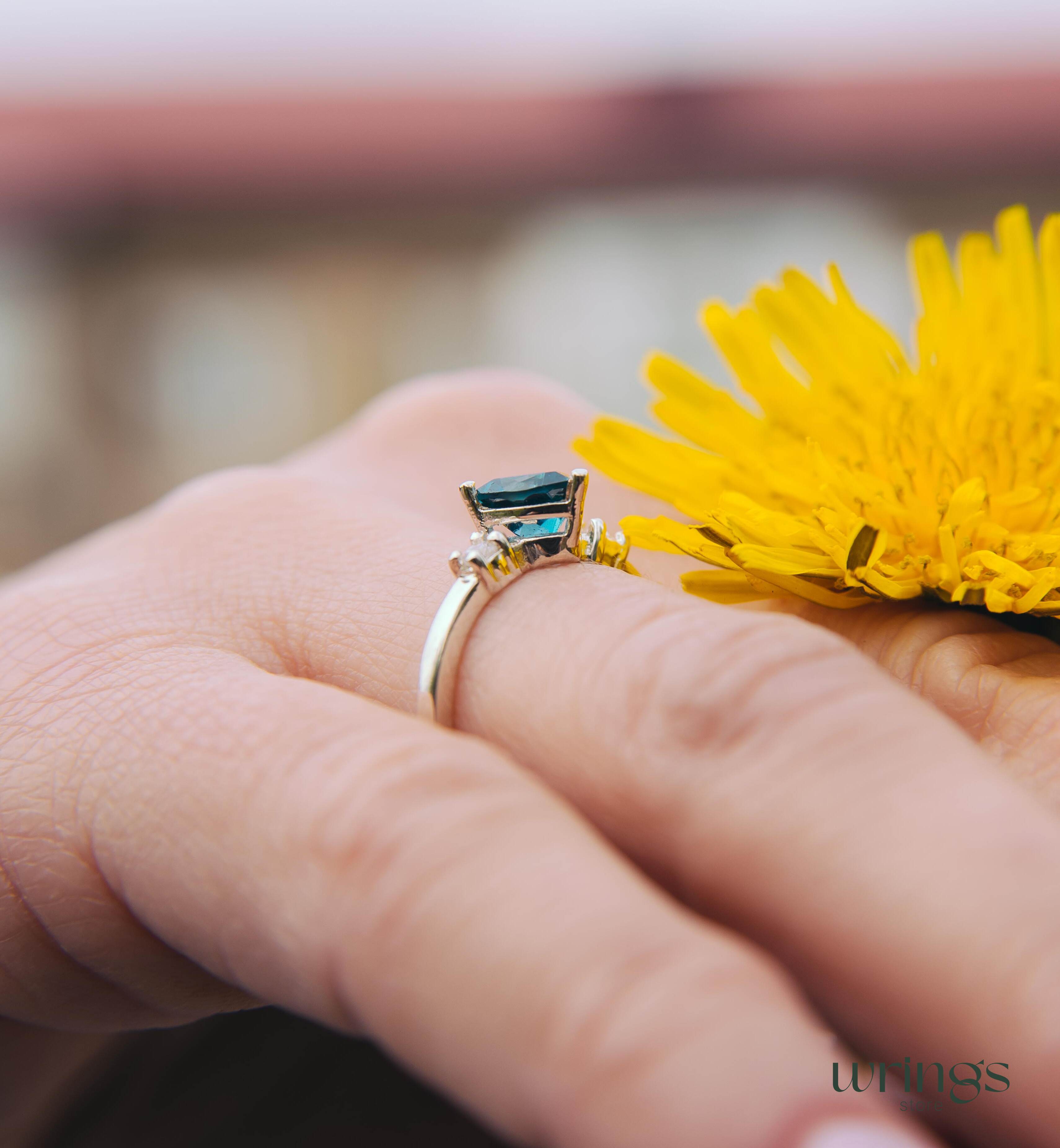 Large Trillion Blue Topaz Three Stone Engagement Ring
