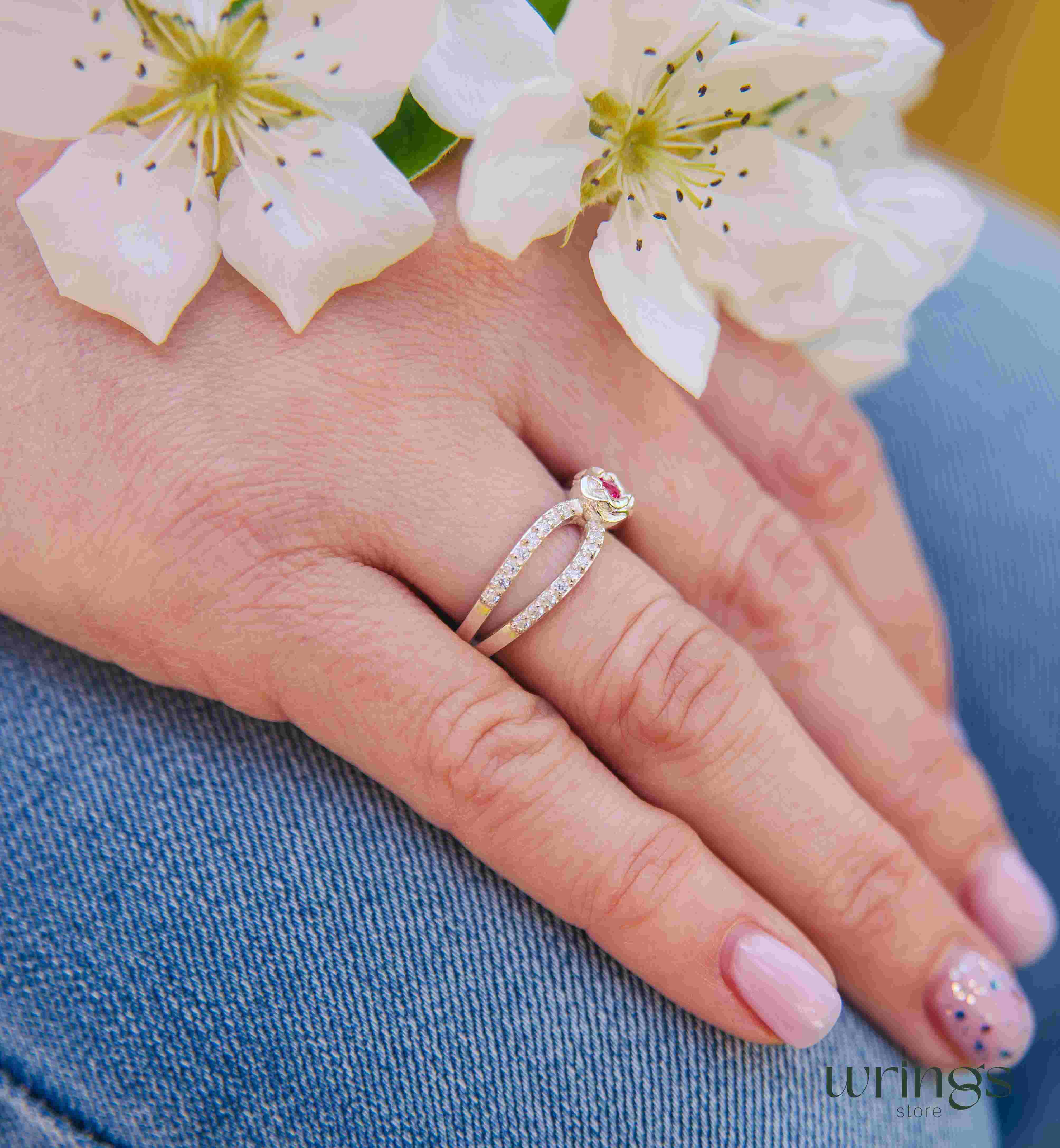 Pink Sapphire Flower Ring Multi Stone Split Shank 925