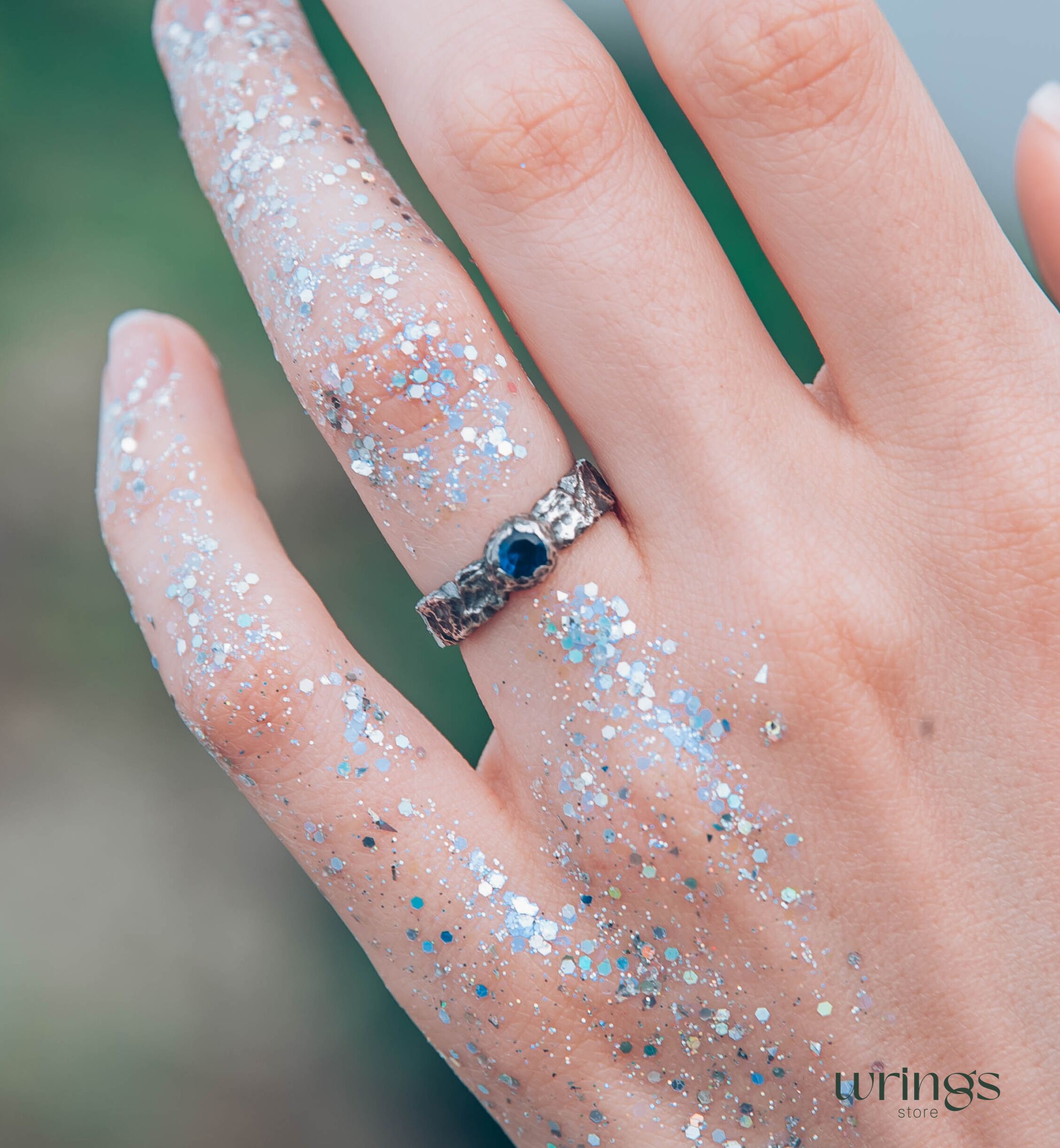 Sapphire Women's & Men's Hammered Sterling Silver Ring