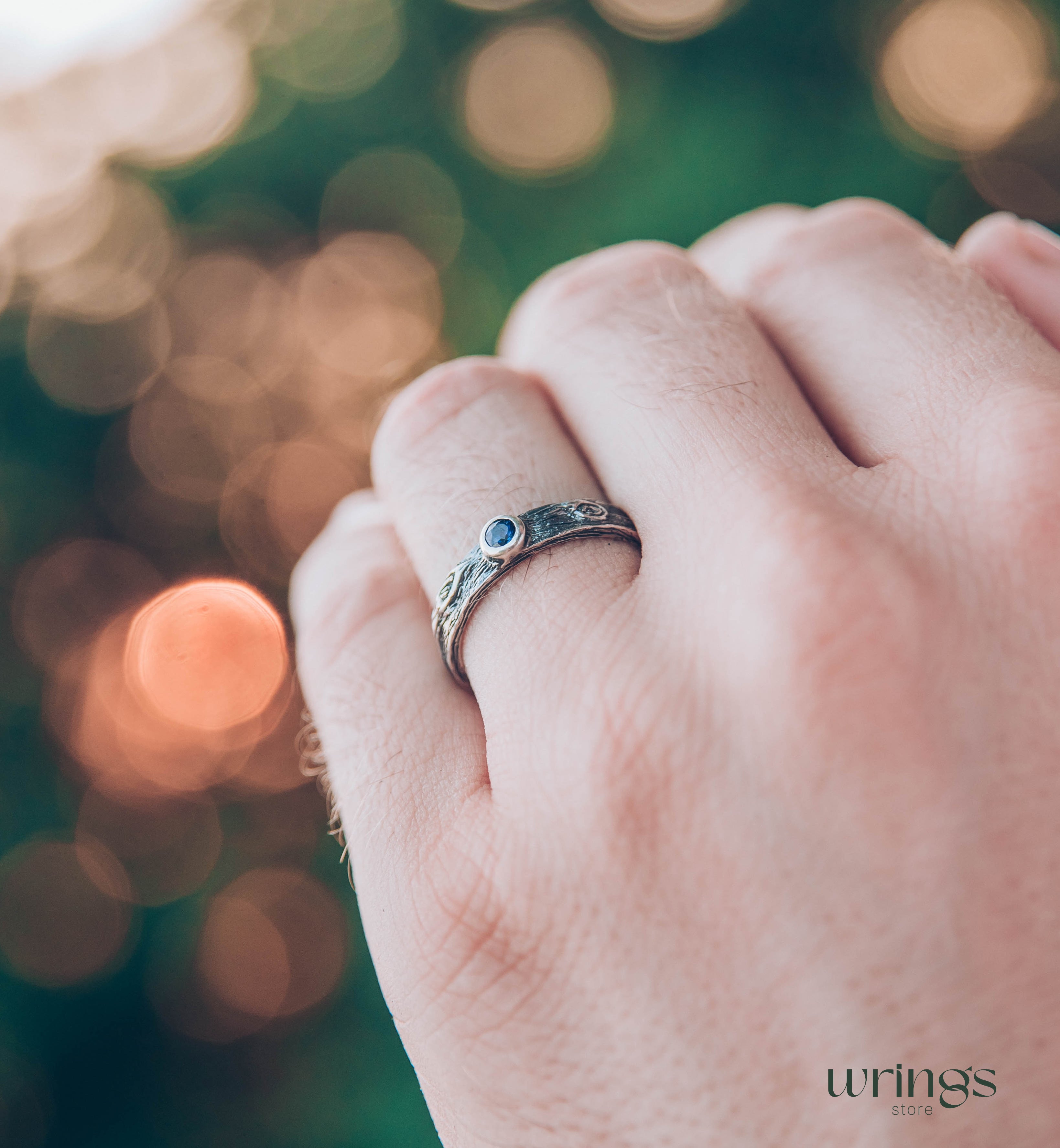 Unique Tree bark Silver Ring with exquisite Blue Sapphire