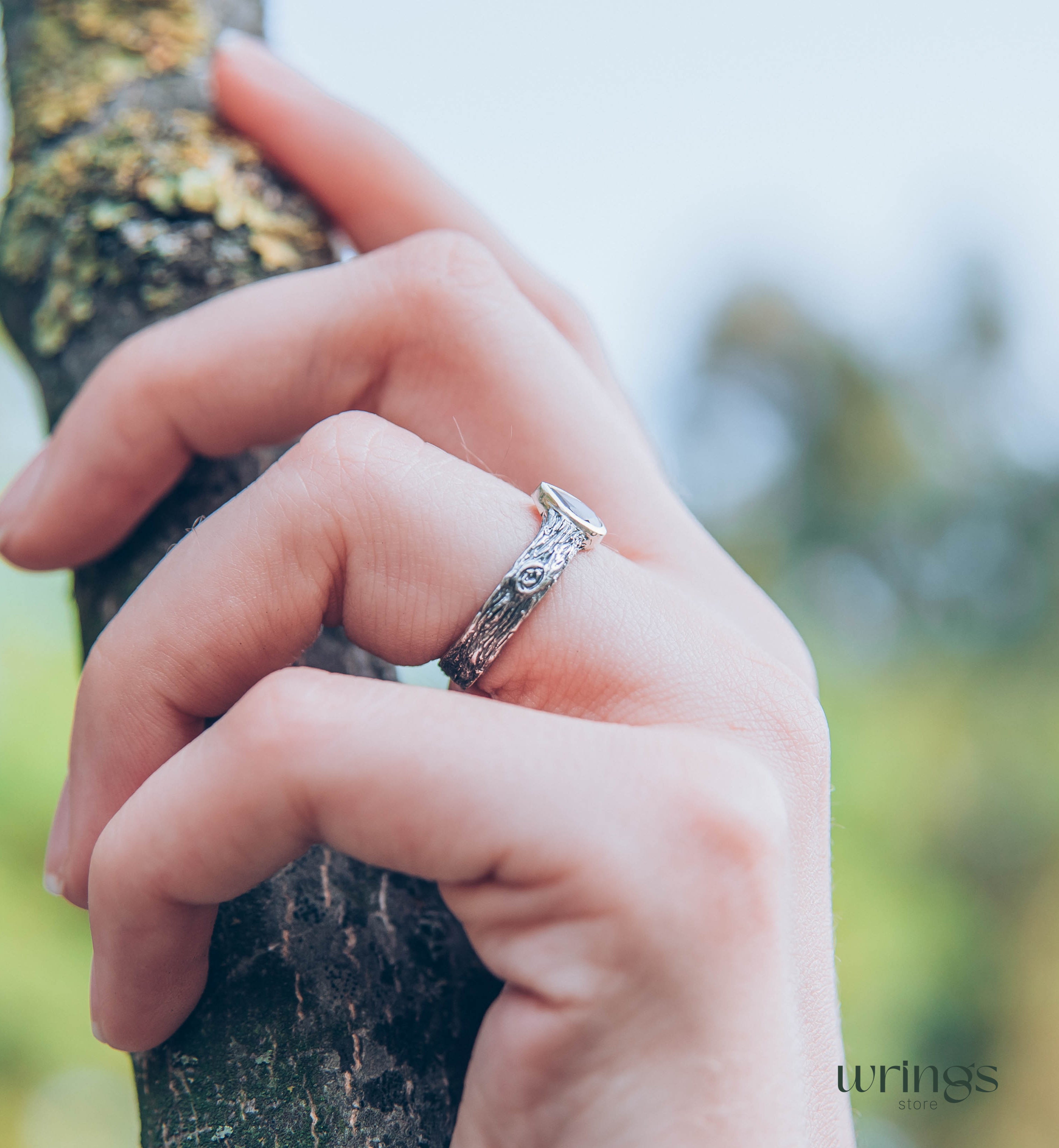 Pear cut Garnet Ring with Sterling Silver Tree bark