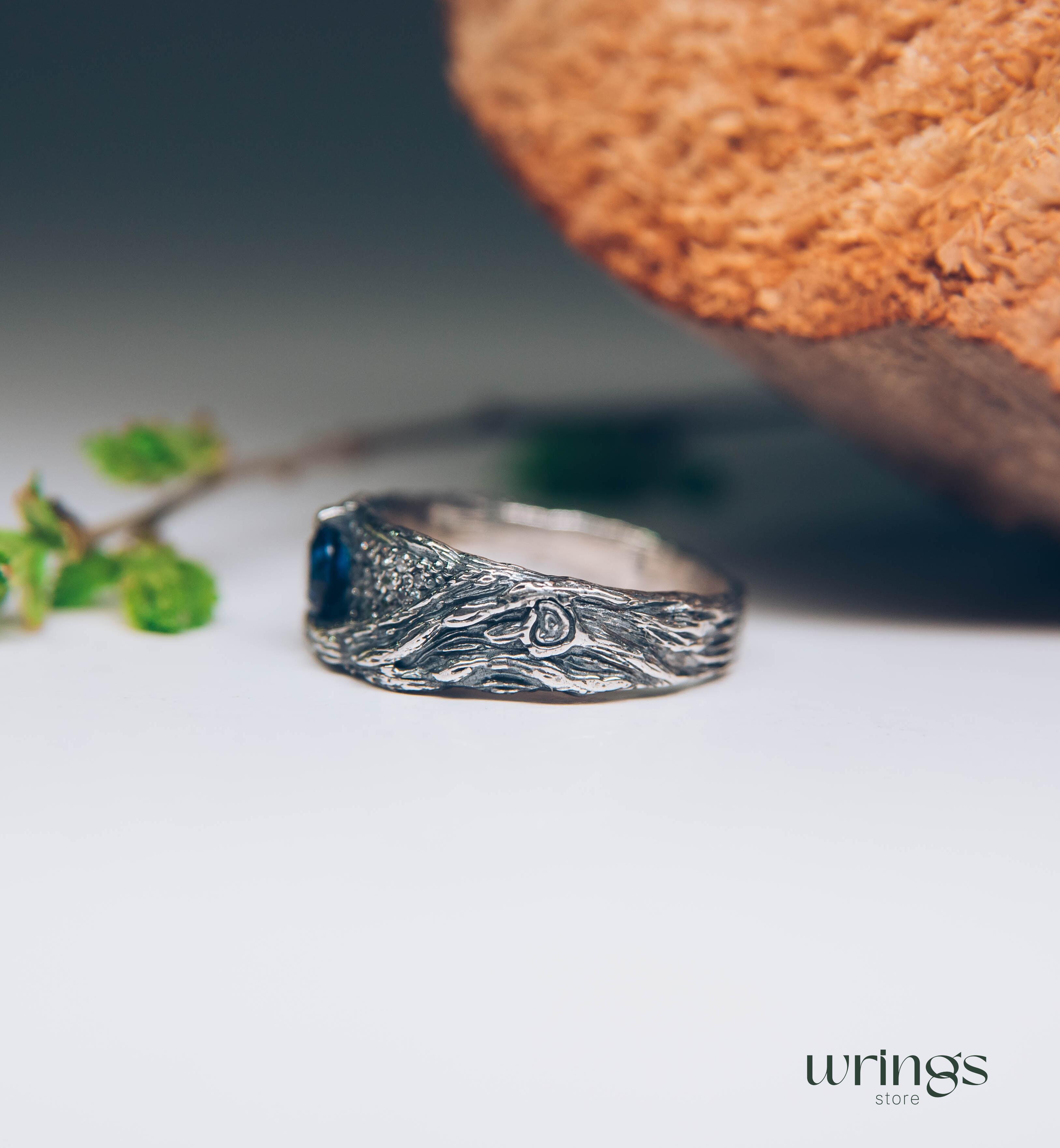 Chunky Silver Branch & Sapphire Ring adorned with CZ Accents