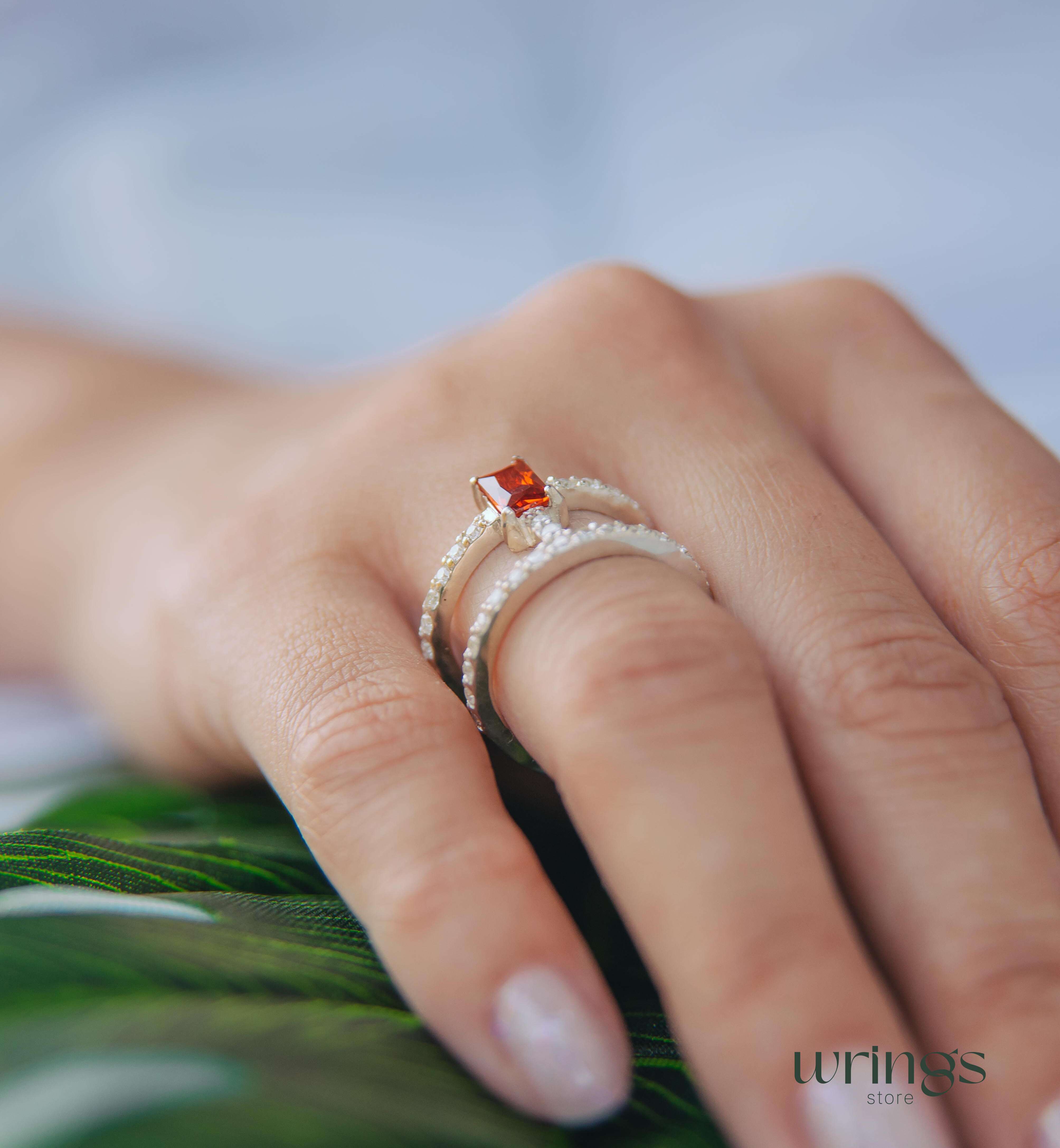 Garnet Two Band Engagement Ring Multiple CZ Stones