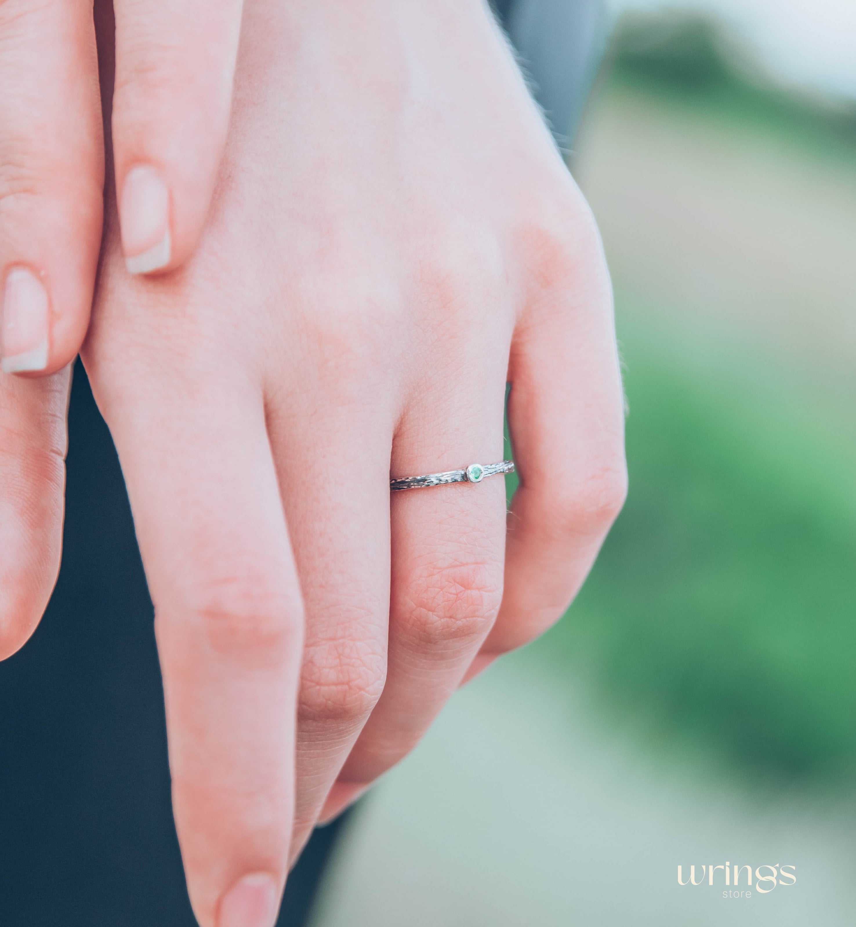 Extra Tiny Silver Branch Wedding Band with Emerald