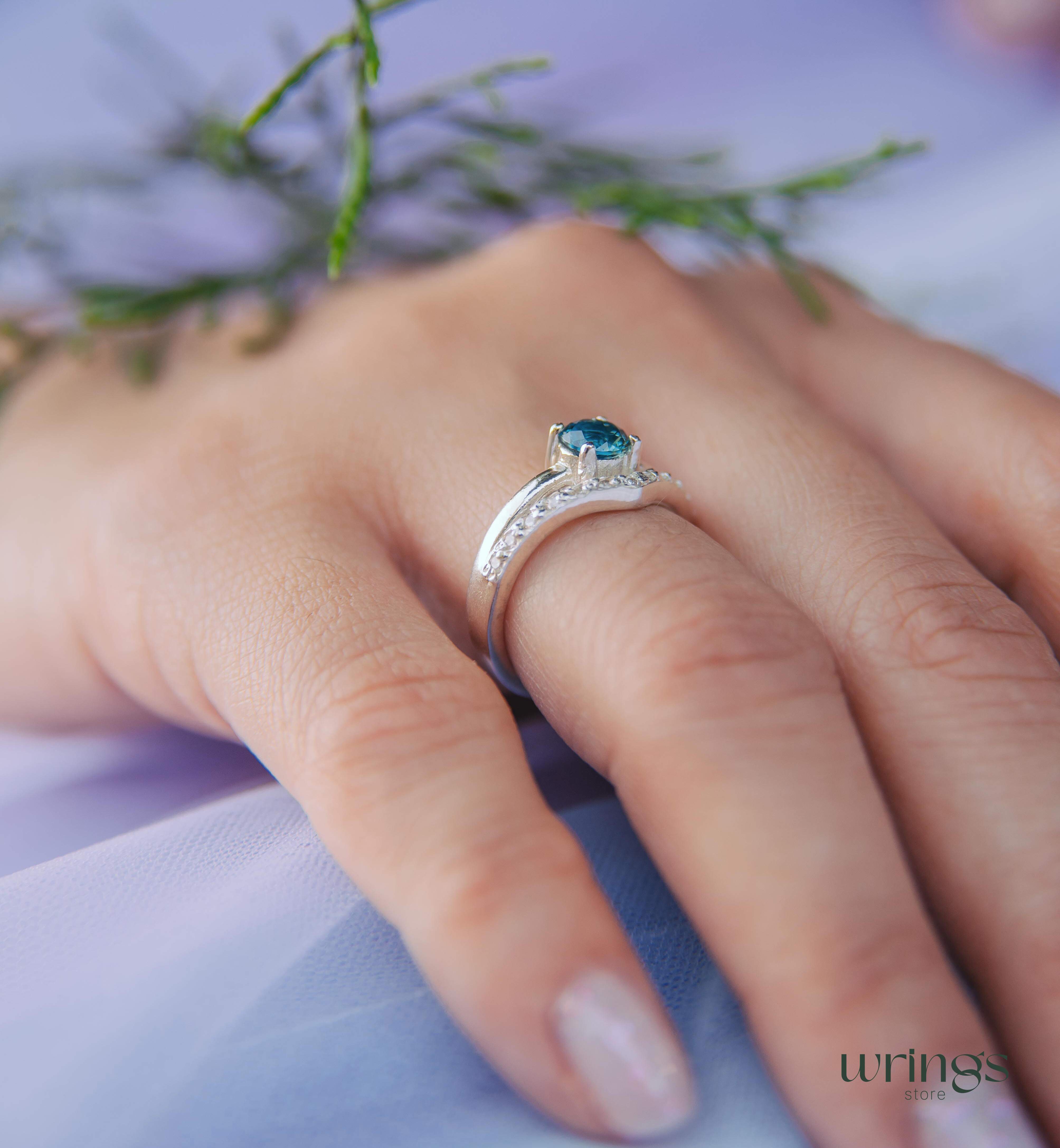 London Blue Topaz Chevron Engagement Ring Silver & CZ