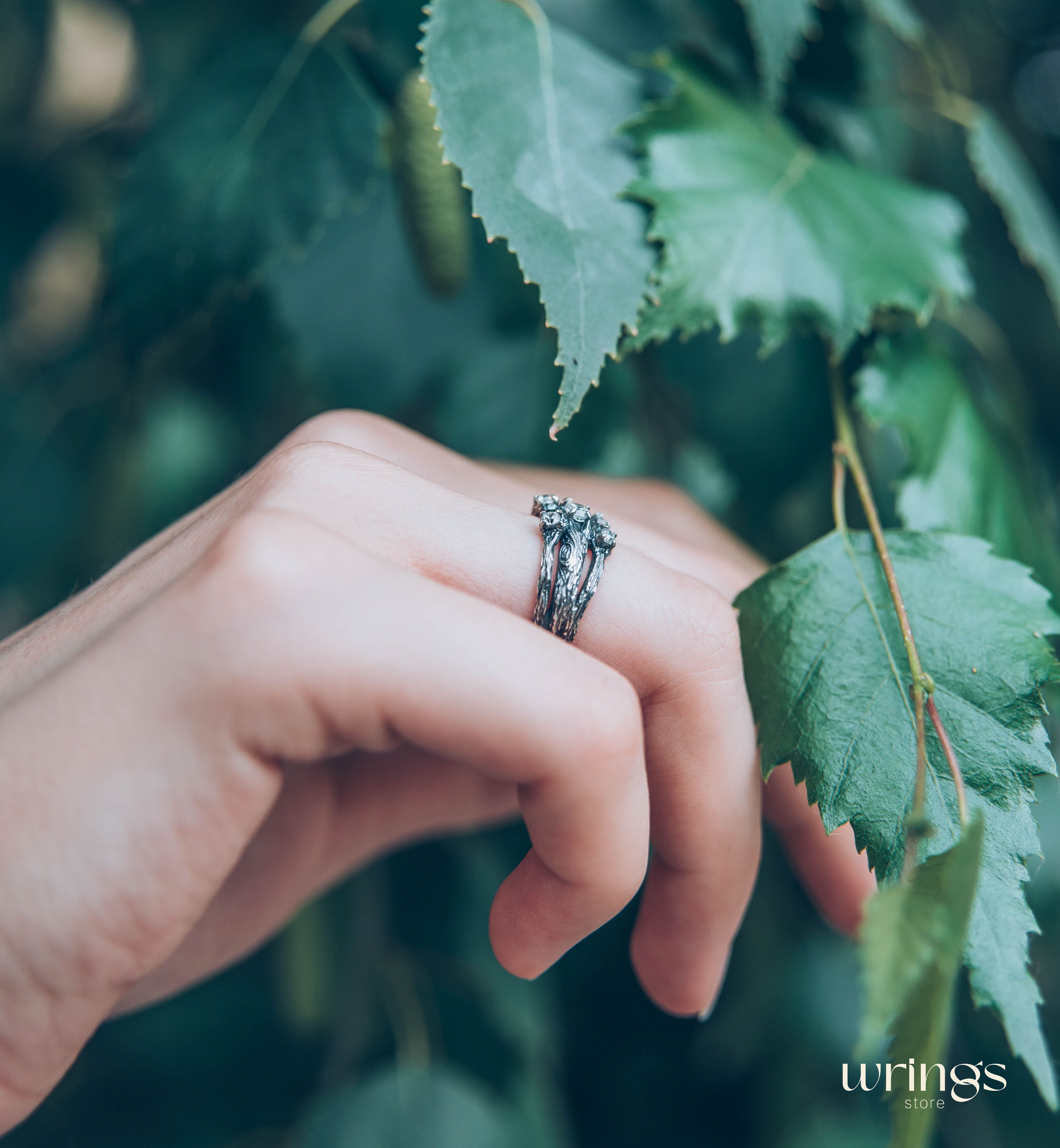 Three Branches & 5 Gemstones Womens Silver Ring