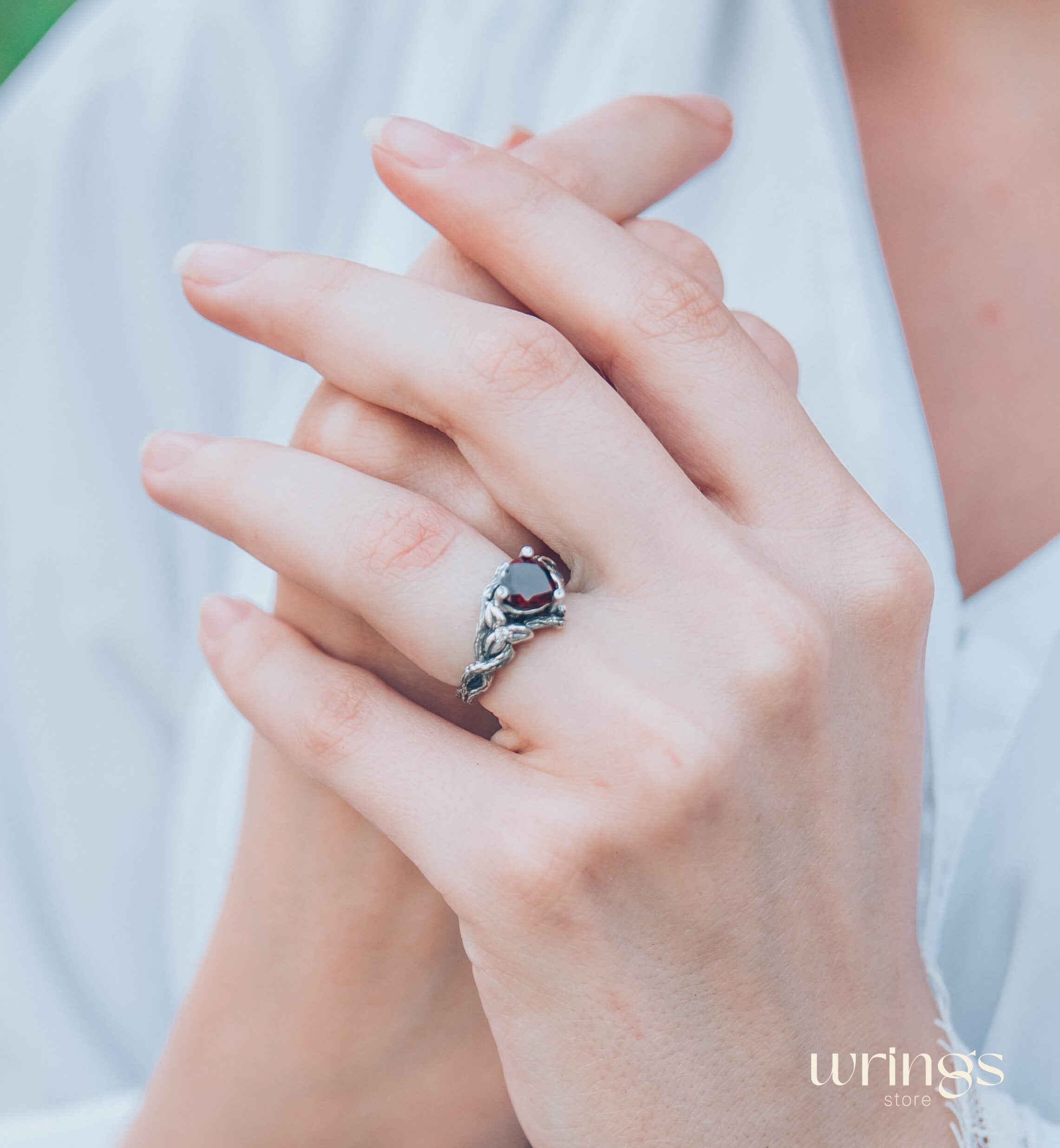 Heart Shaped Garnet Branch Engagement Ring with Leaves