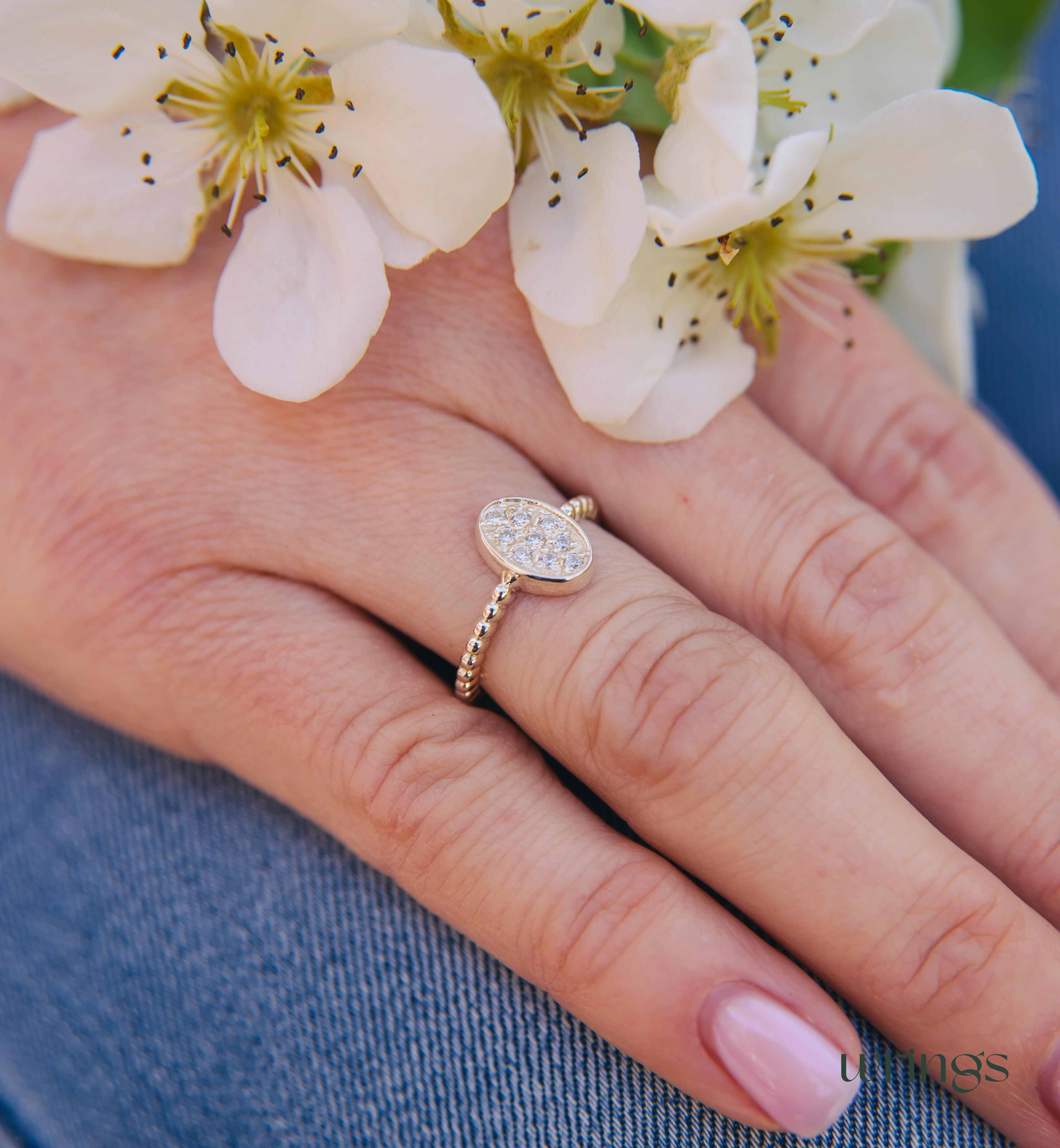 Pave Style Diamonds Bubble Oval Ring Silver