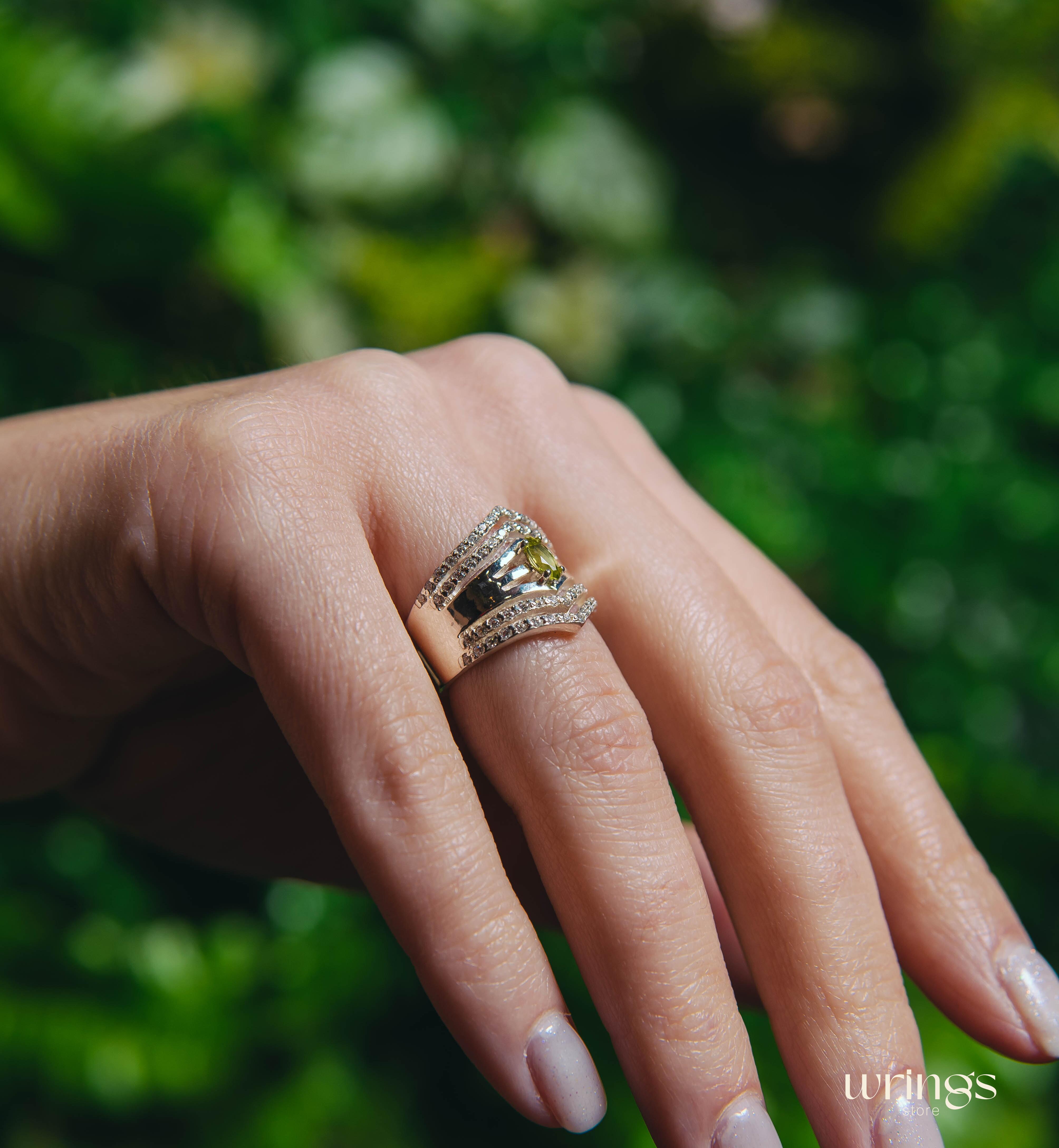Wide Double Chevron Statement Ring Peridot & Diamonds