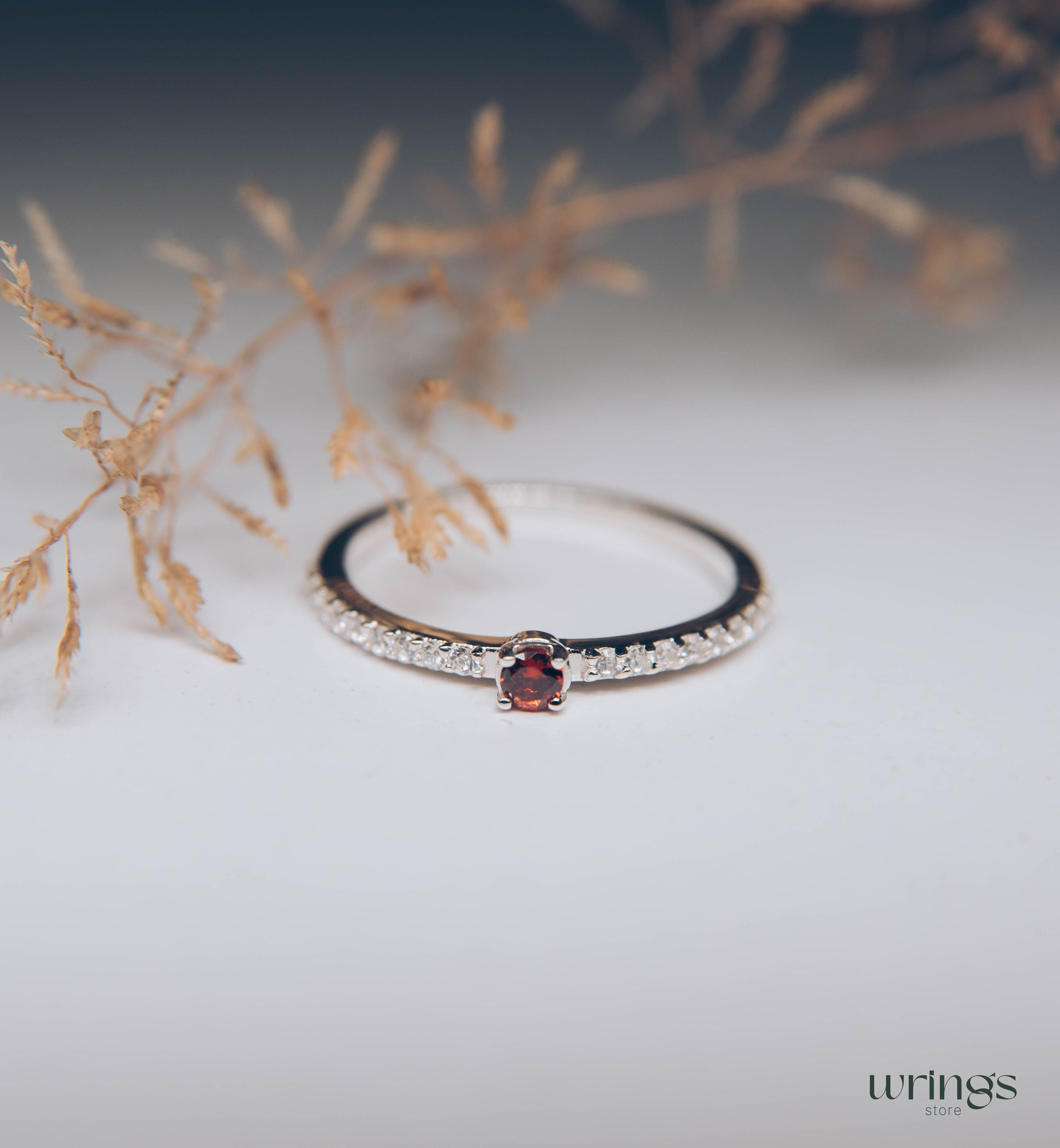 Dainty Garnet & Side Stones Silver Engagement Ring
