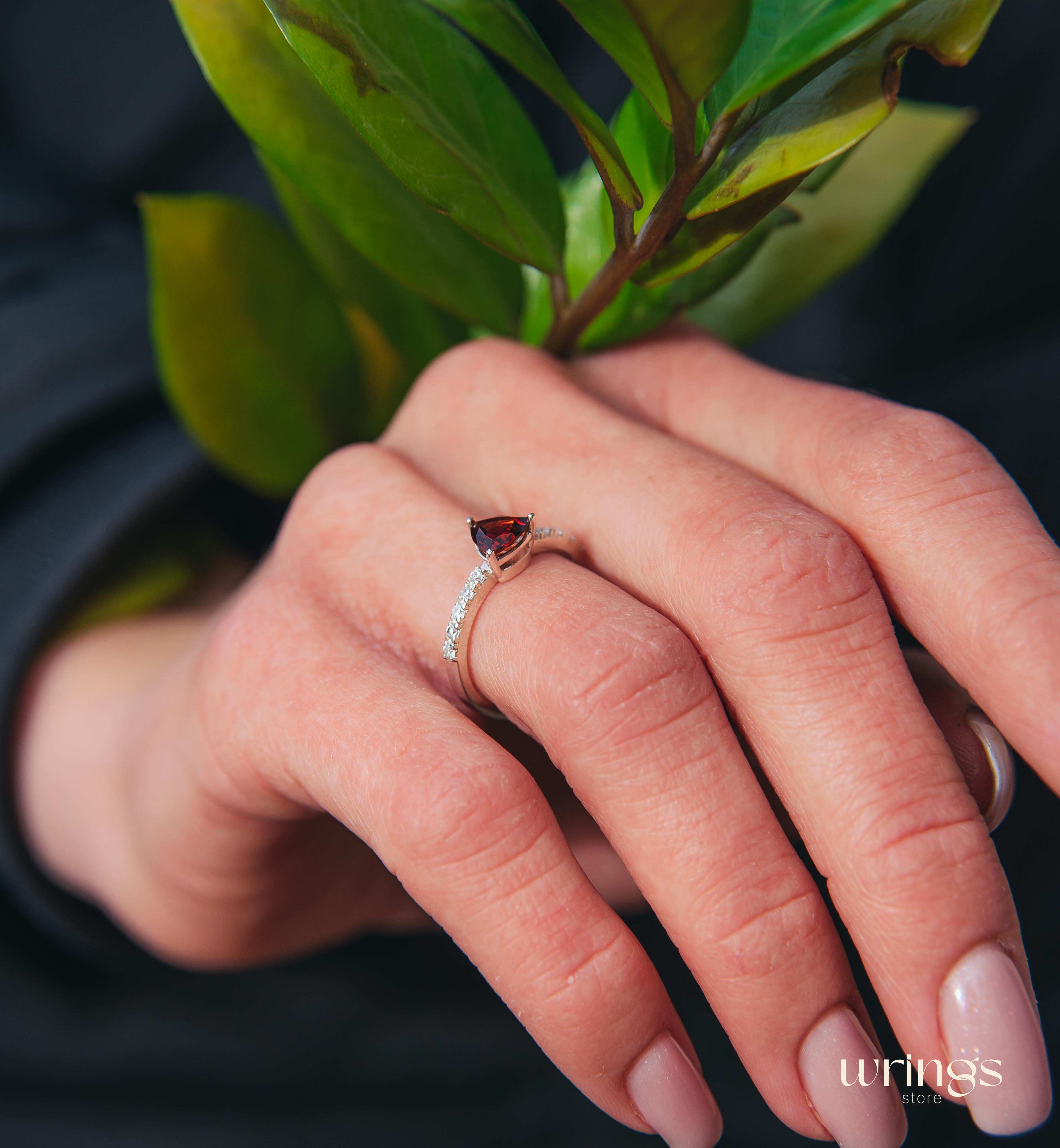 Trilliant Garnet Engagement Ring Silver & Side CZ Stones