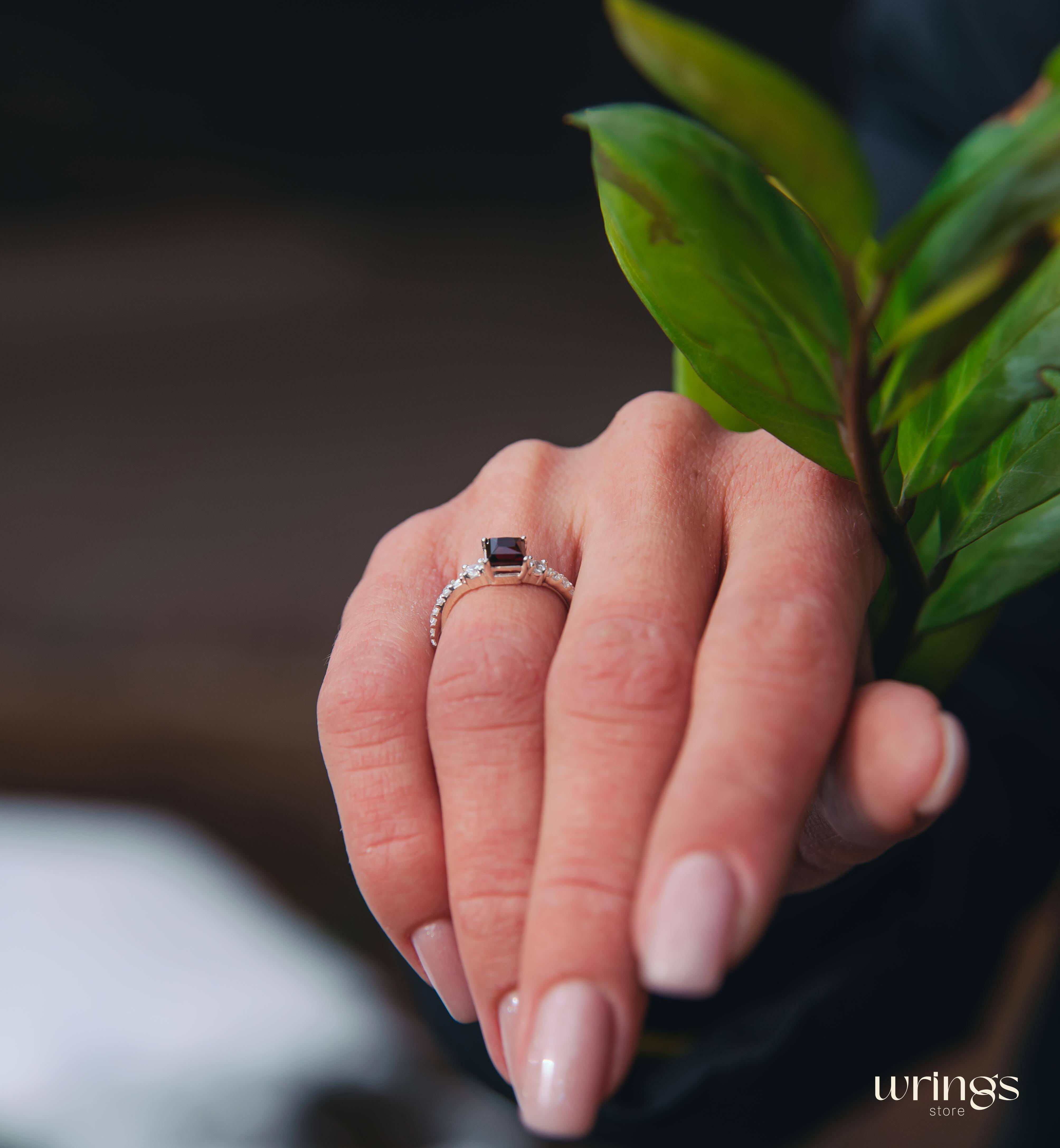 Square Cut Garnet Engagement Ring Silver with accents