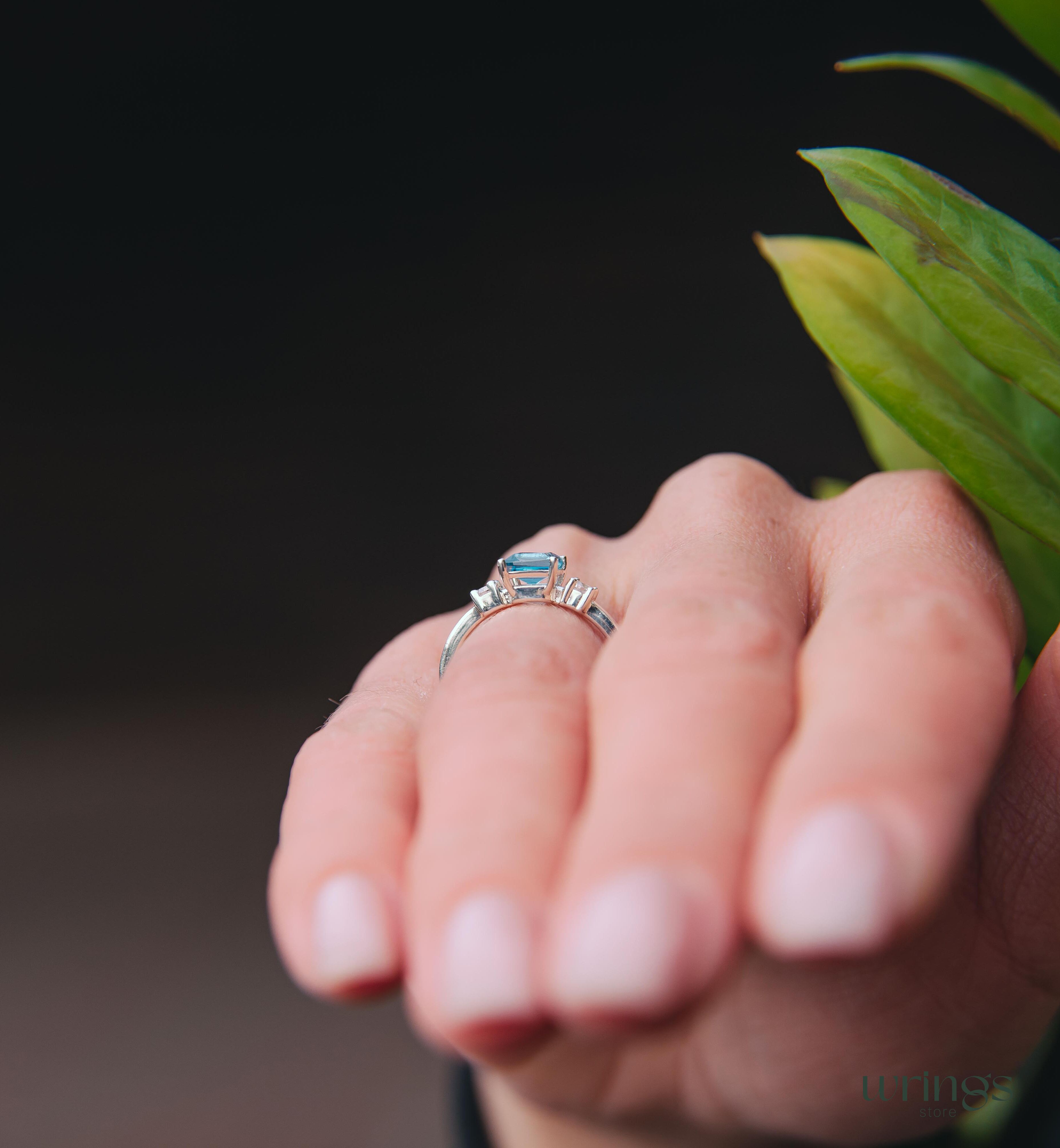 Square Swiss Topaz 3 Stone Engagement Ring Silver