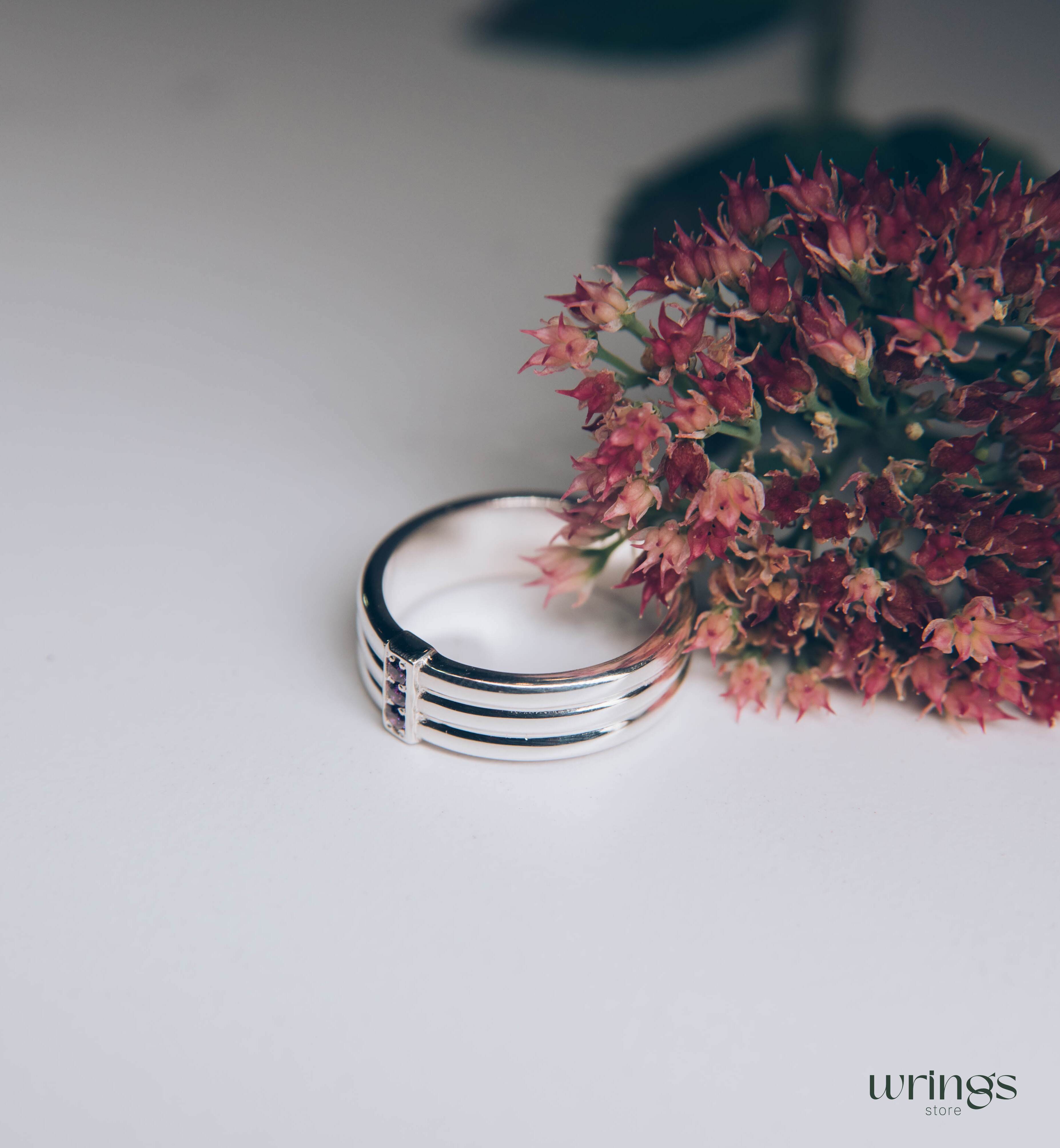 Three Amethysts Straight Triple Ring in Sterling Silver