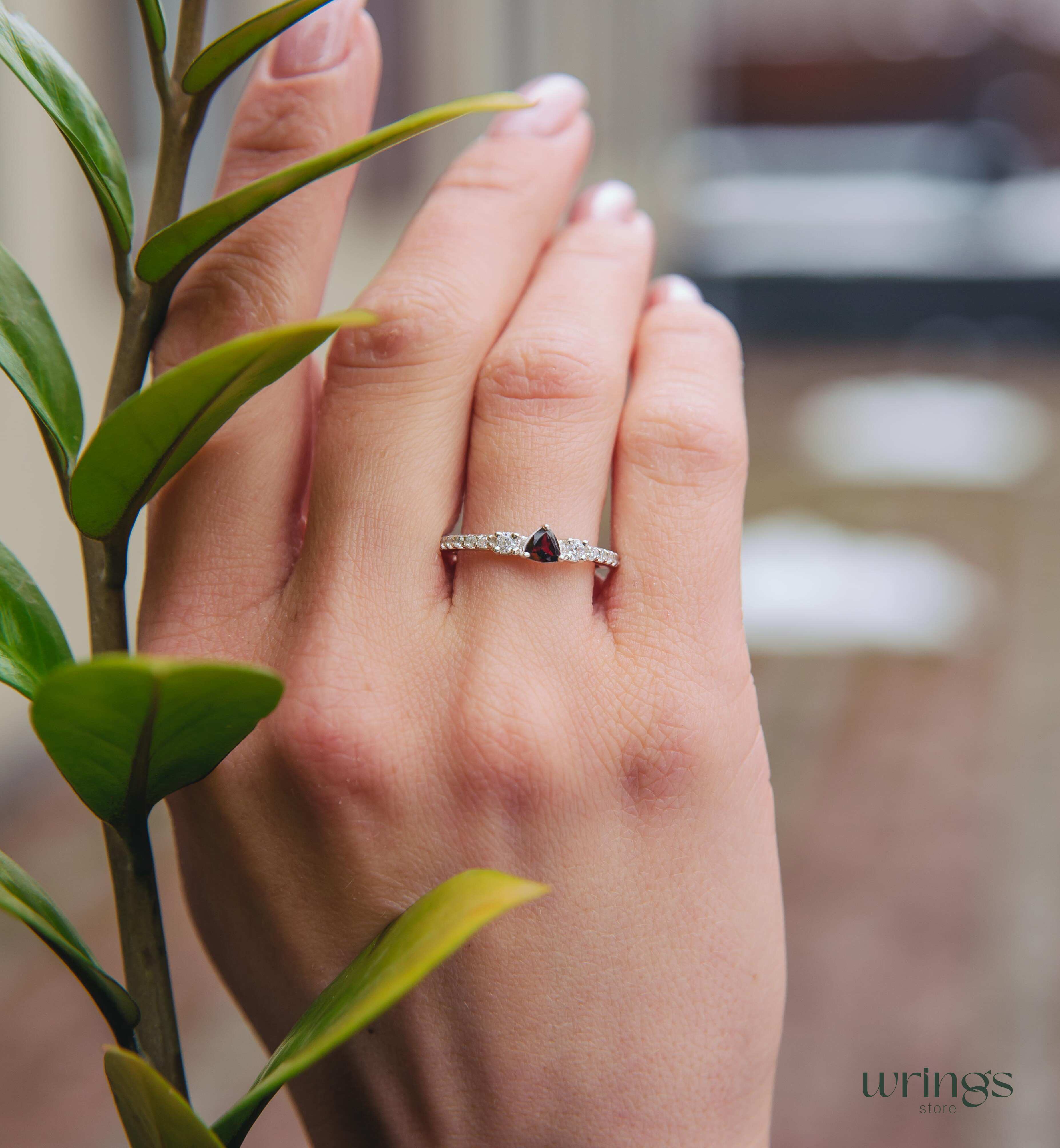 3 Stone Garnet Ring - Triillion central Gem & Side Zirconia