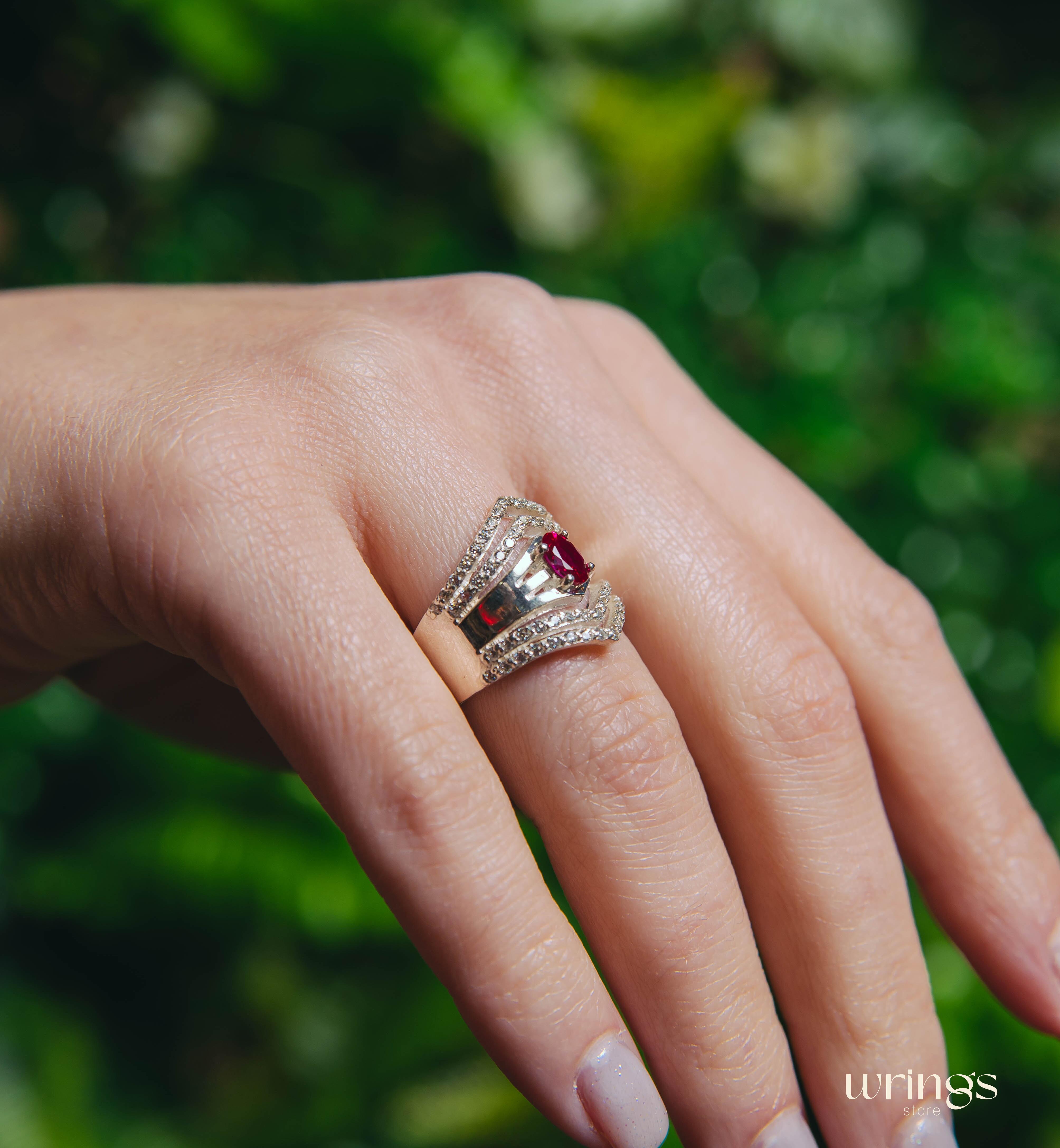 Extra Wide Silver Chevron Band Oval Ruby & Faux Diamonds