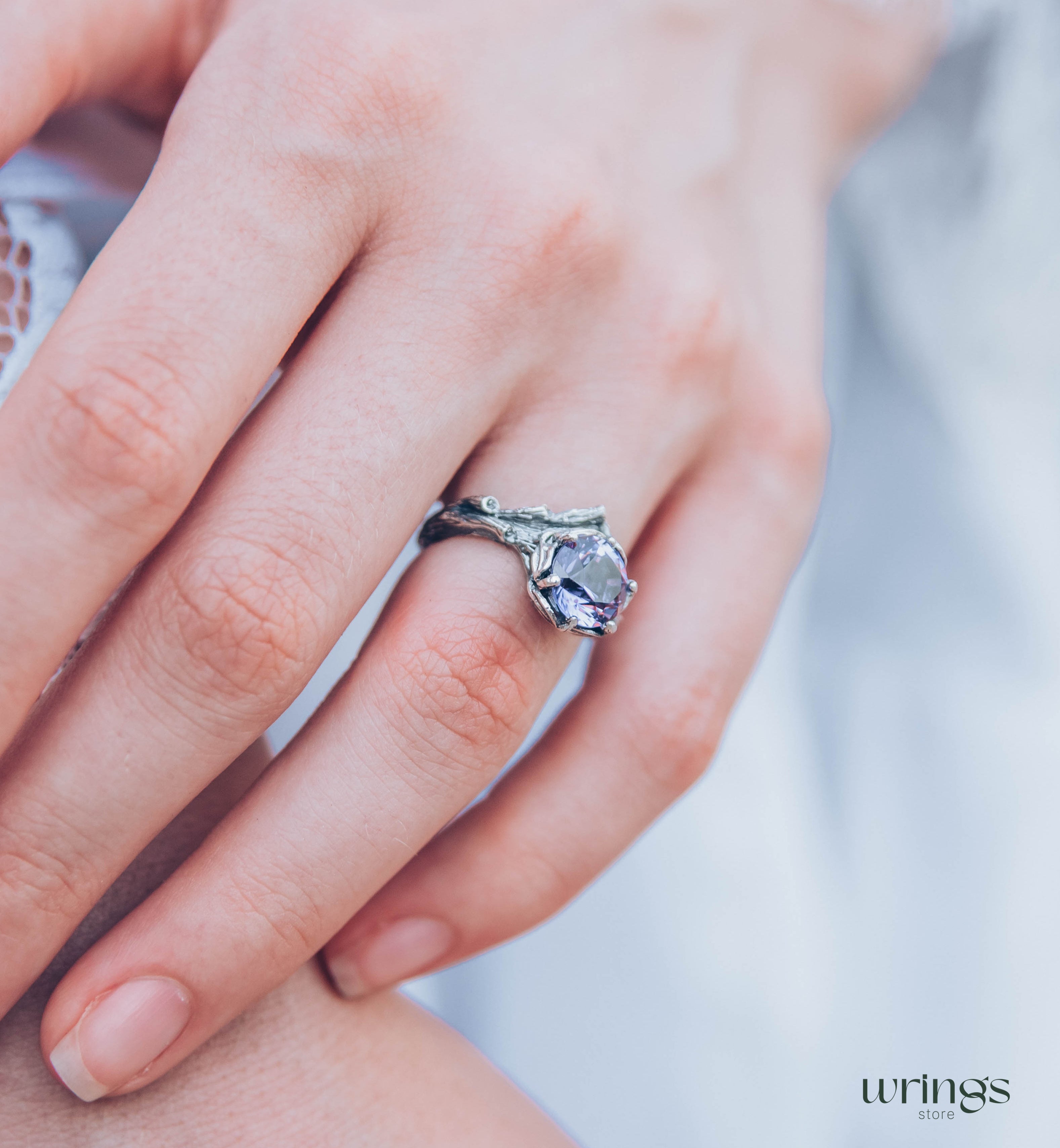 Big Amethyst Chevron Statement Ring & Leaves on a Silver Branch