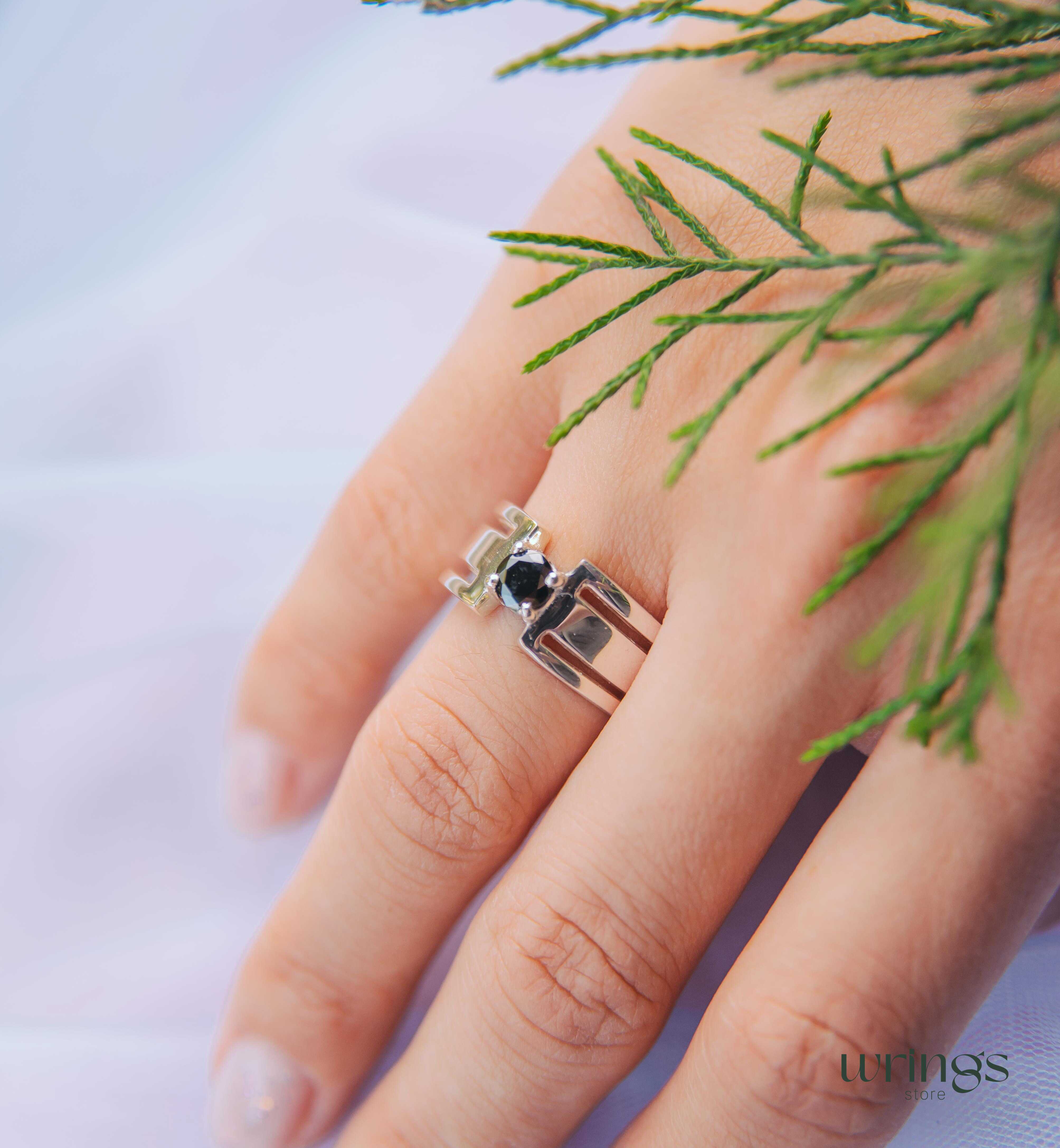 Round Black Diamond Silver Wide Band Engagement Ring