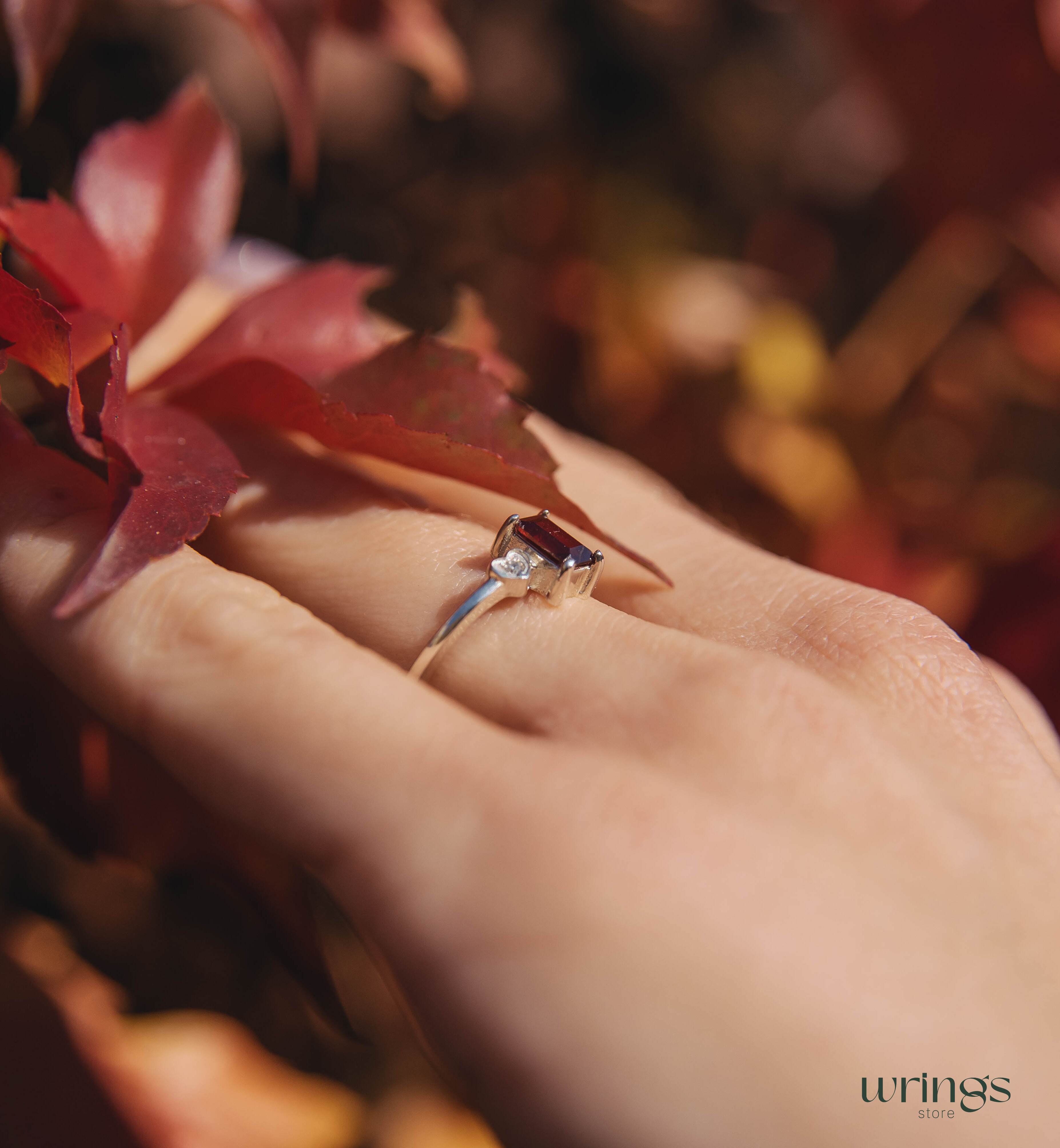 Silver Garnet Engagement Ring & Side Stone CZ in Heart