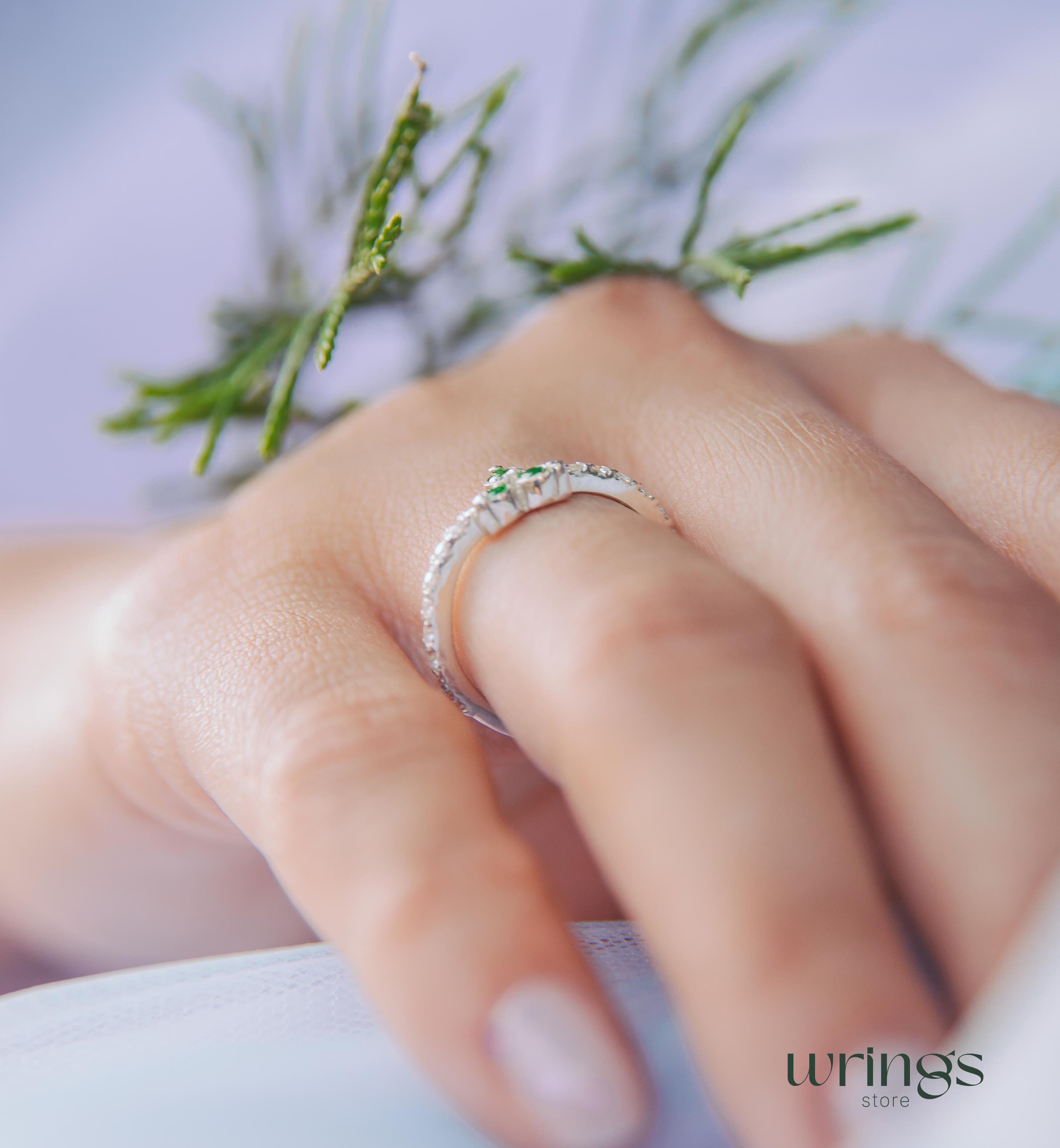 Natural Emerald Three Stone Wedding Ring with Sparkling CZ