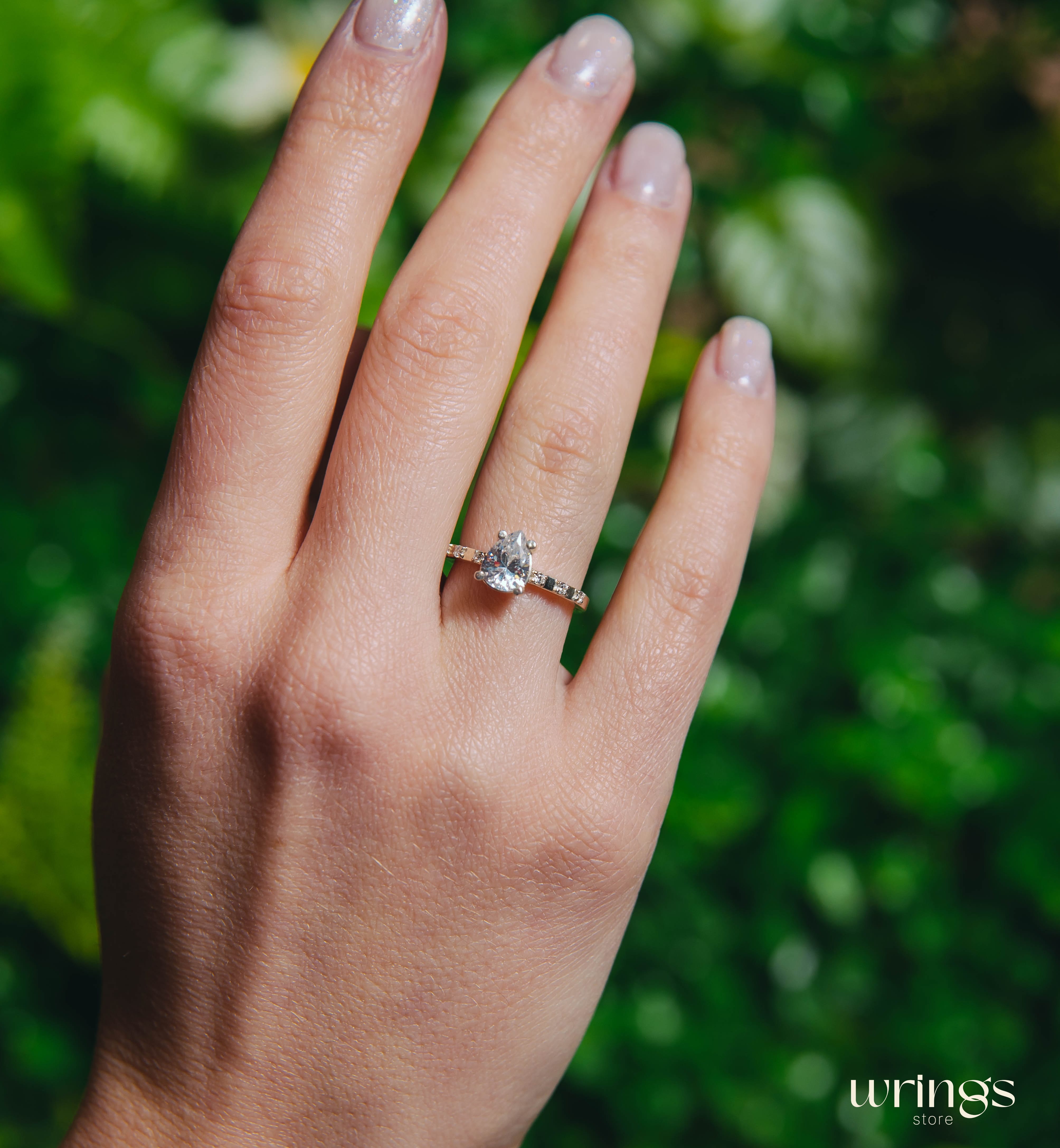 Large Pear Diamond CZ Engagement Ring with Side Stones