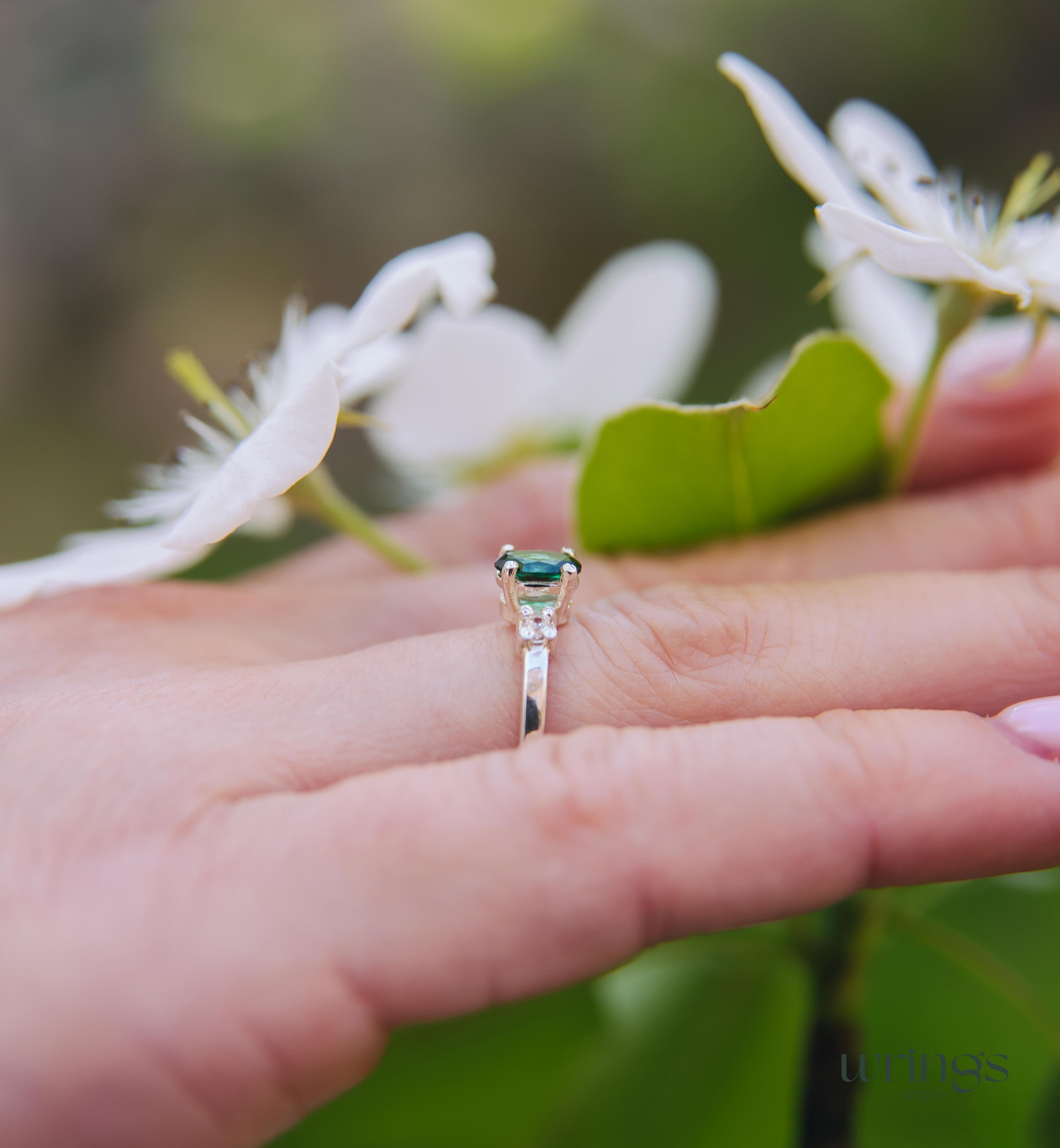 Vertical Oval LG Green Tourmaline Ring & Side Stones