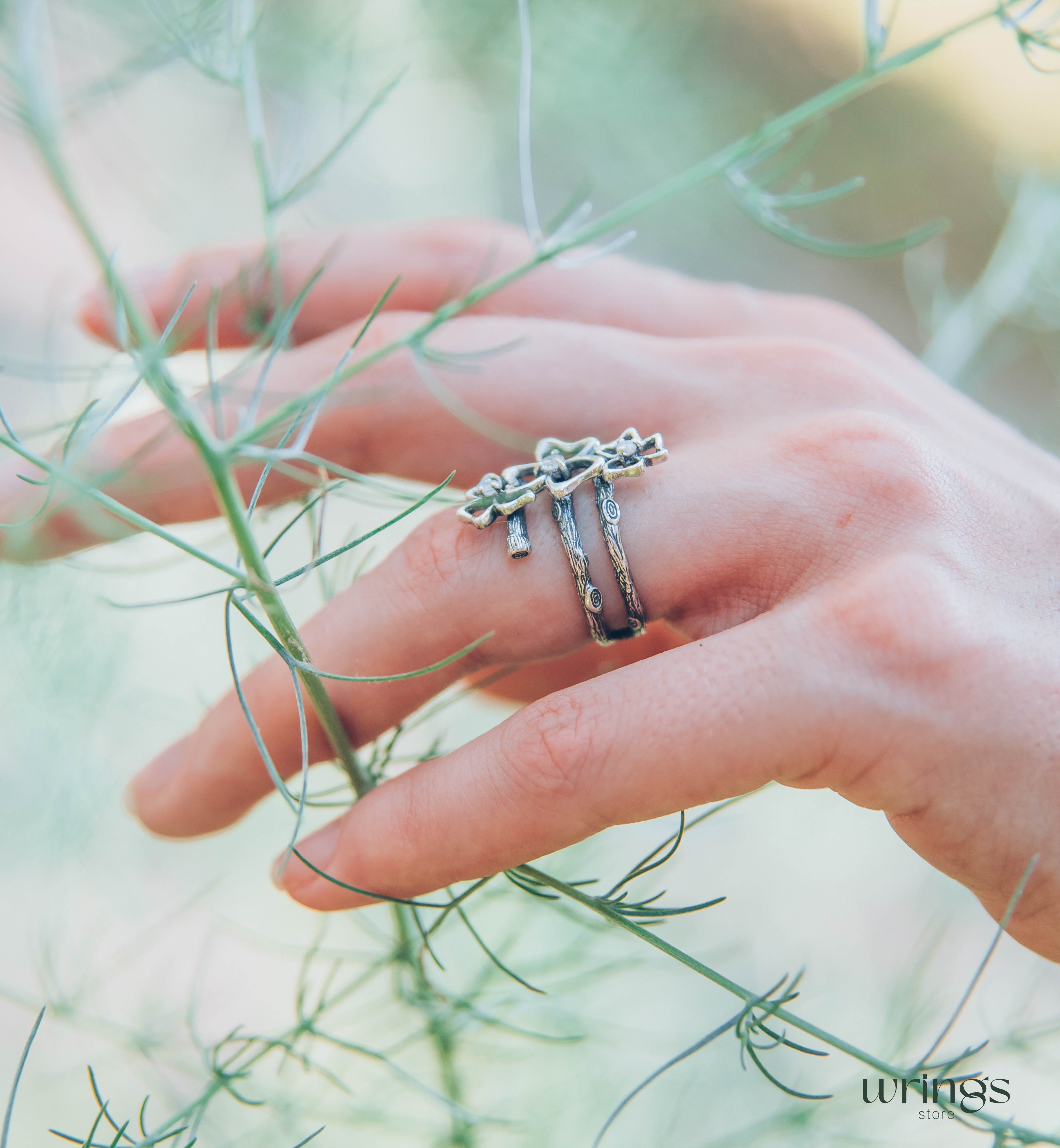 Triple Cubic Zirconia Trefoils on the Silver Branches Ring
