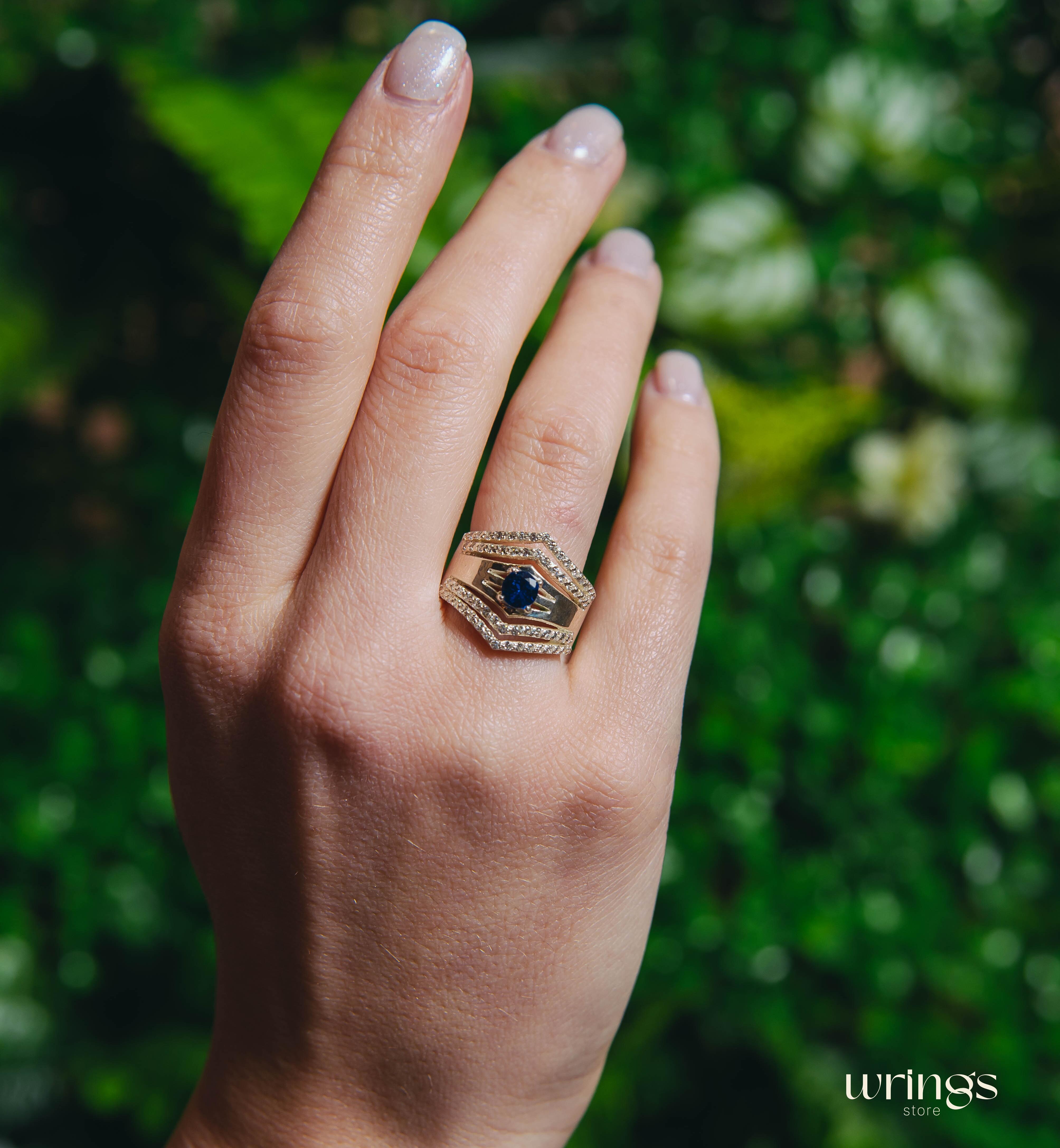Double Chevron Band LG Blue Sapphire and Diamonds CZ