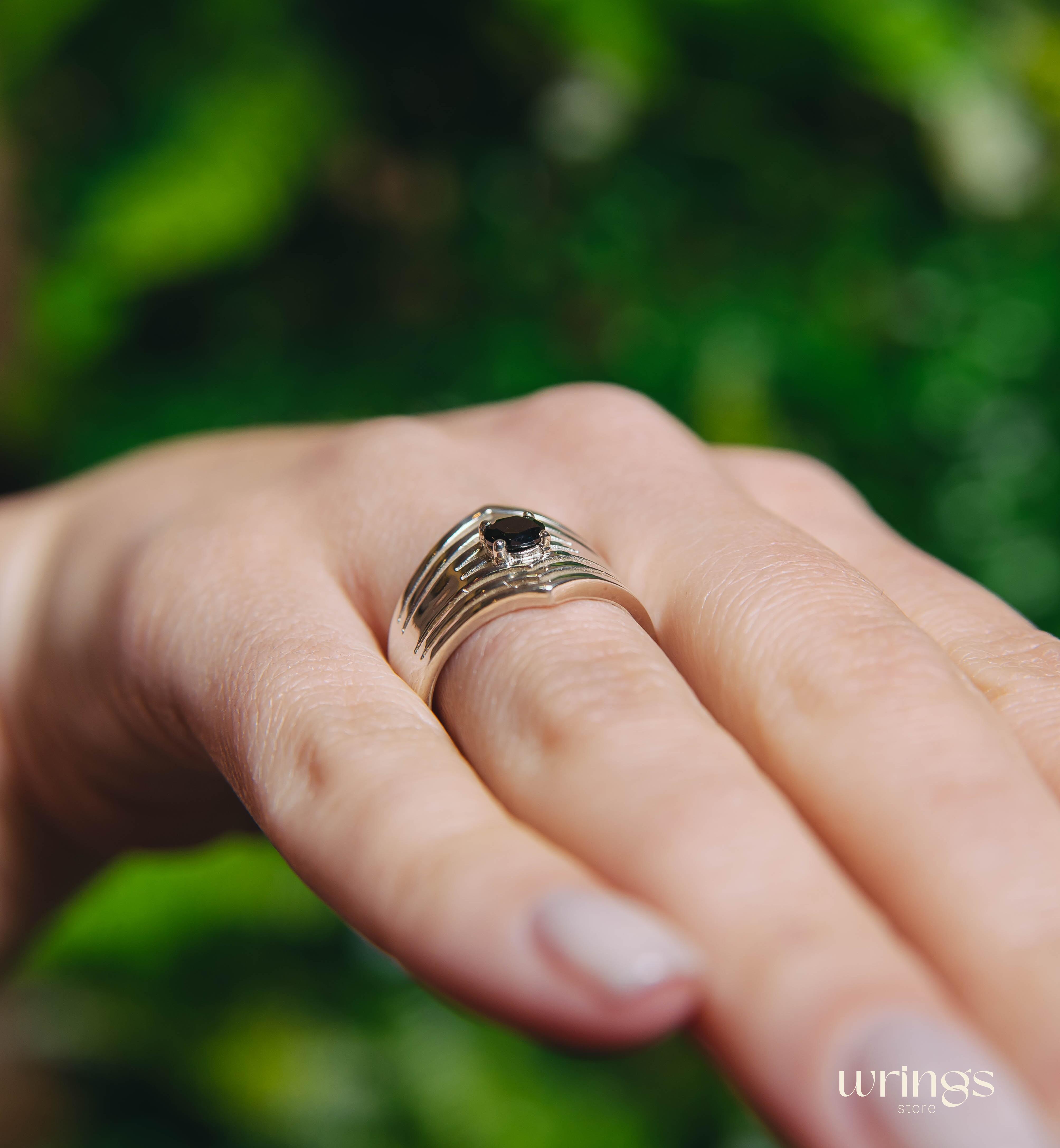 Extra Wide Silver Chevron Band Simulated Black Diamond