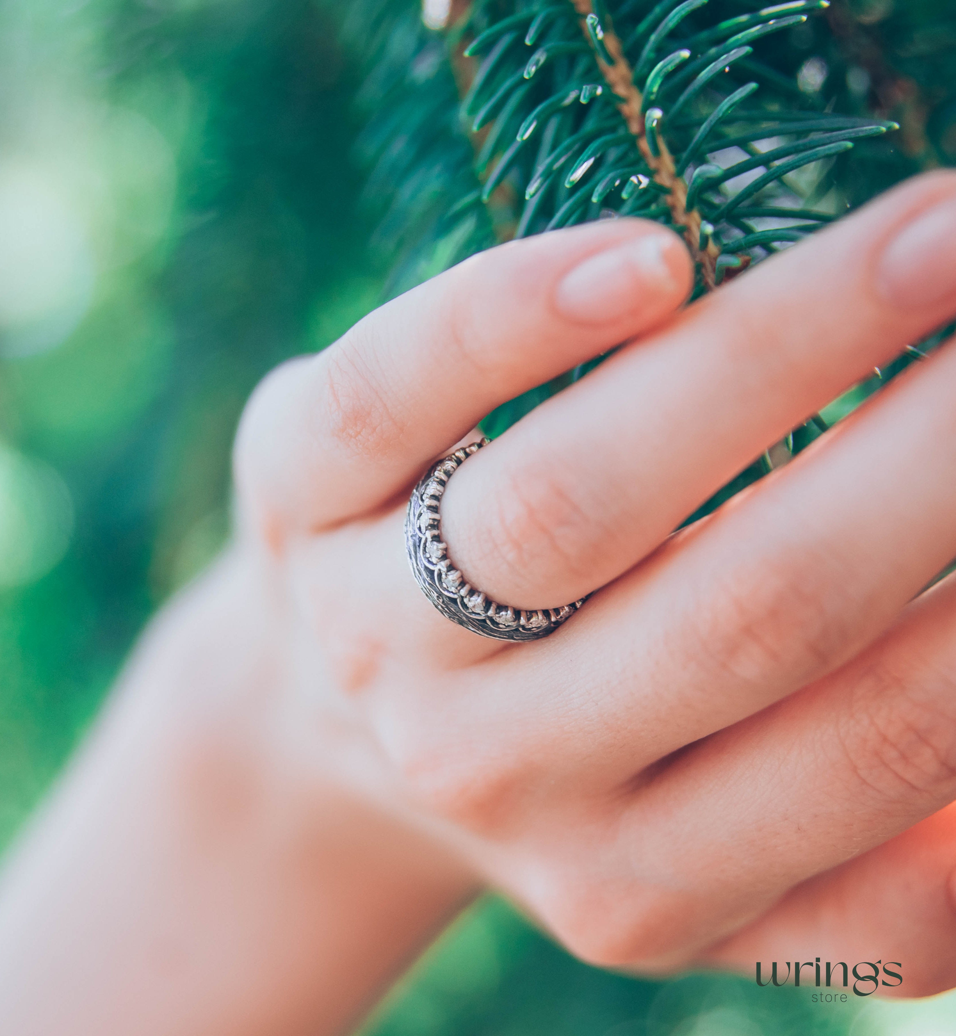 Princess Crown Wedding Ring with Gems & Twig Silver Band