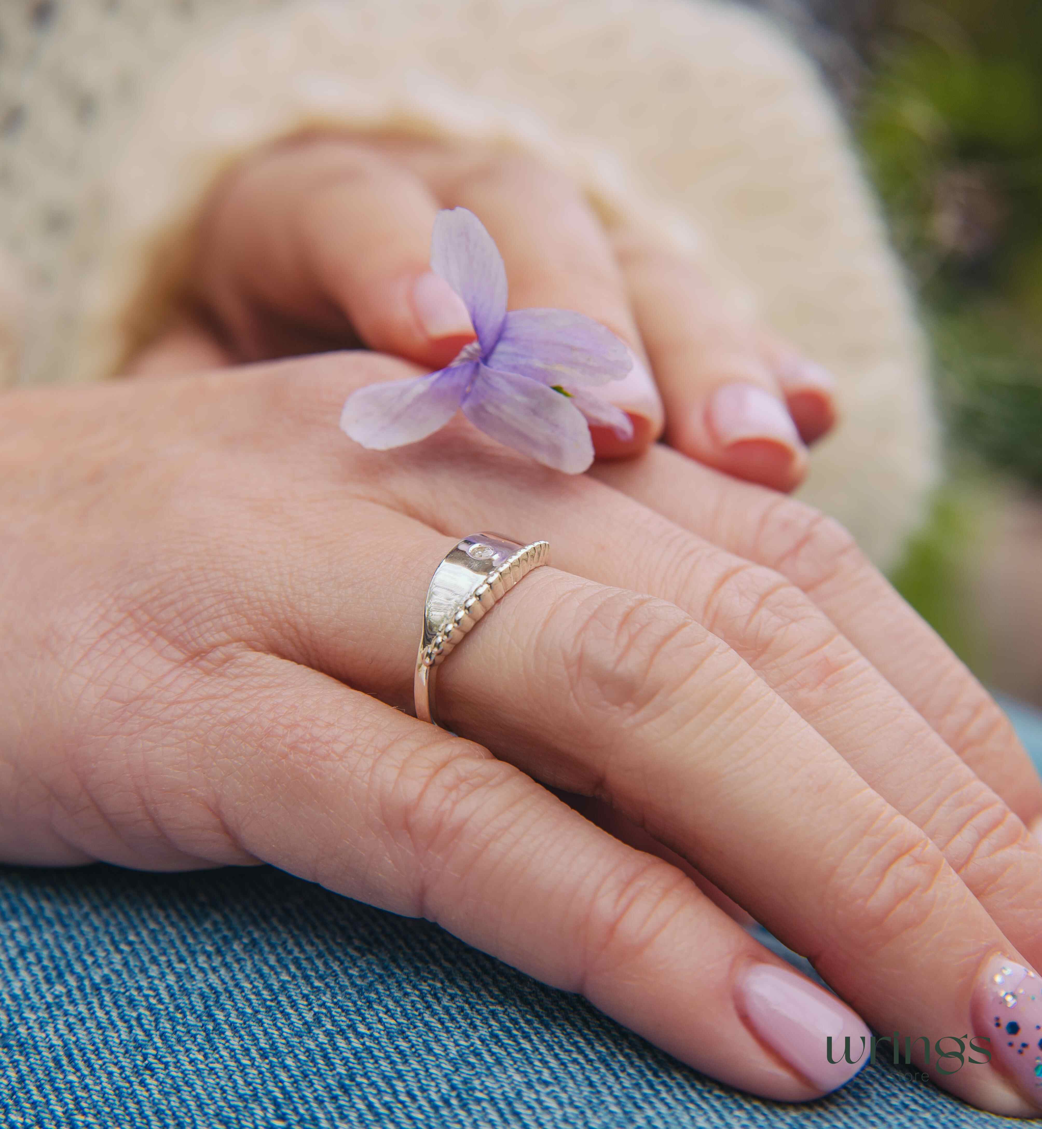 Unique Sterling Silver Boho Wedding Ring with Diamond