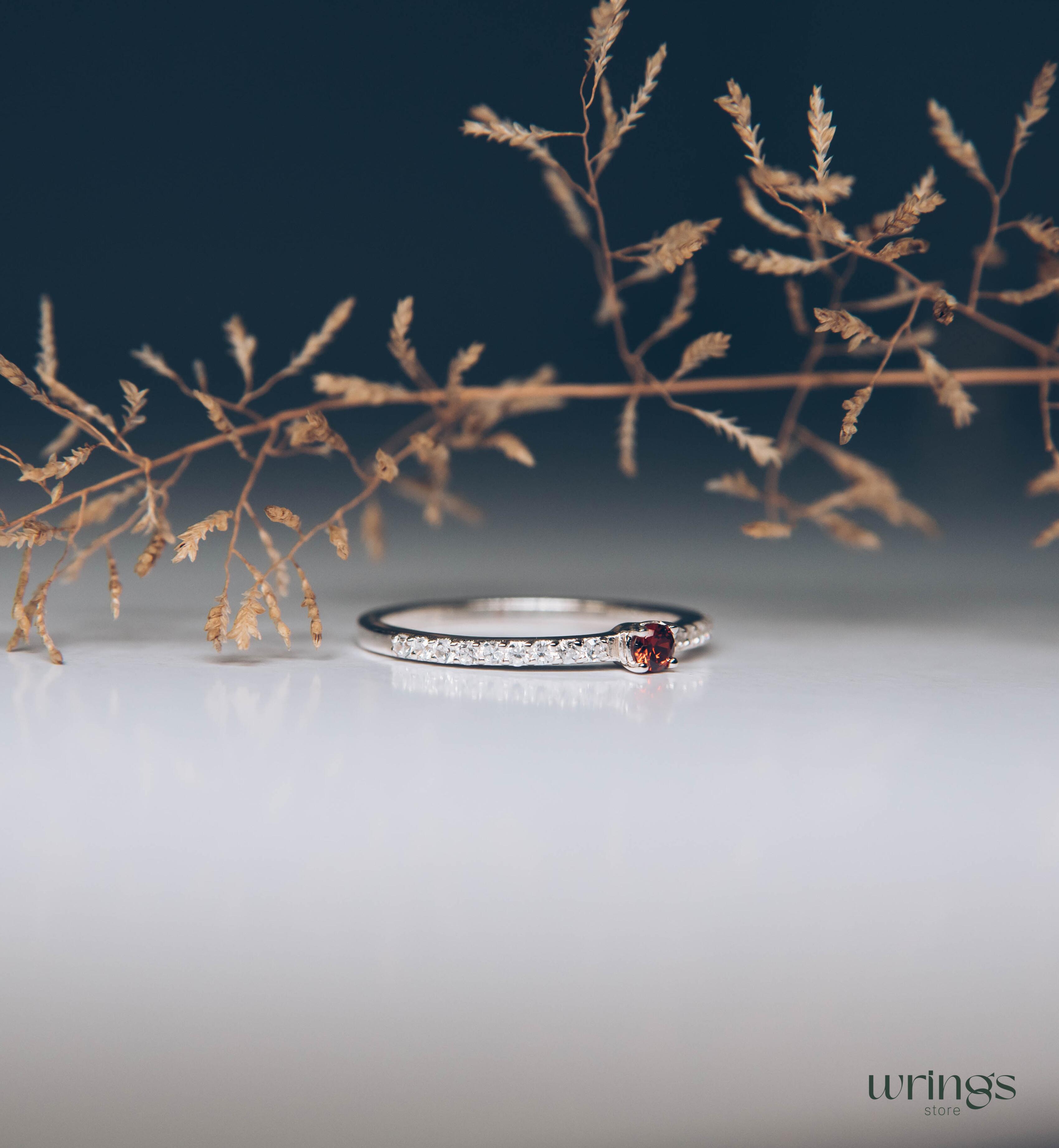 Dainty Garnet & Side Stones Silver Engagement Ring