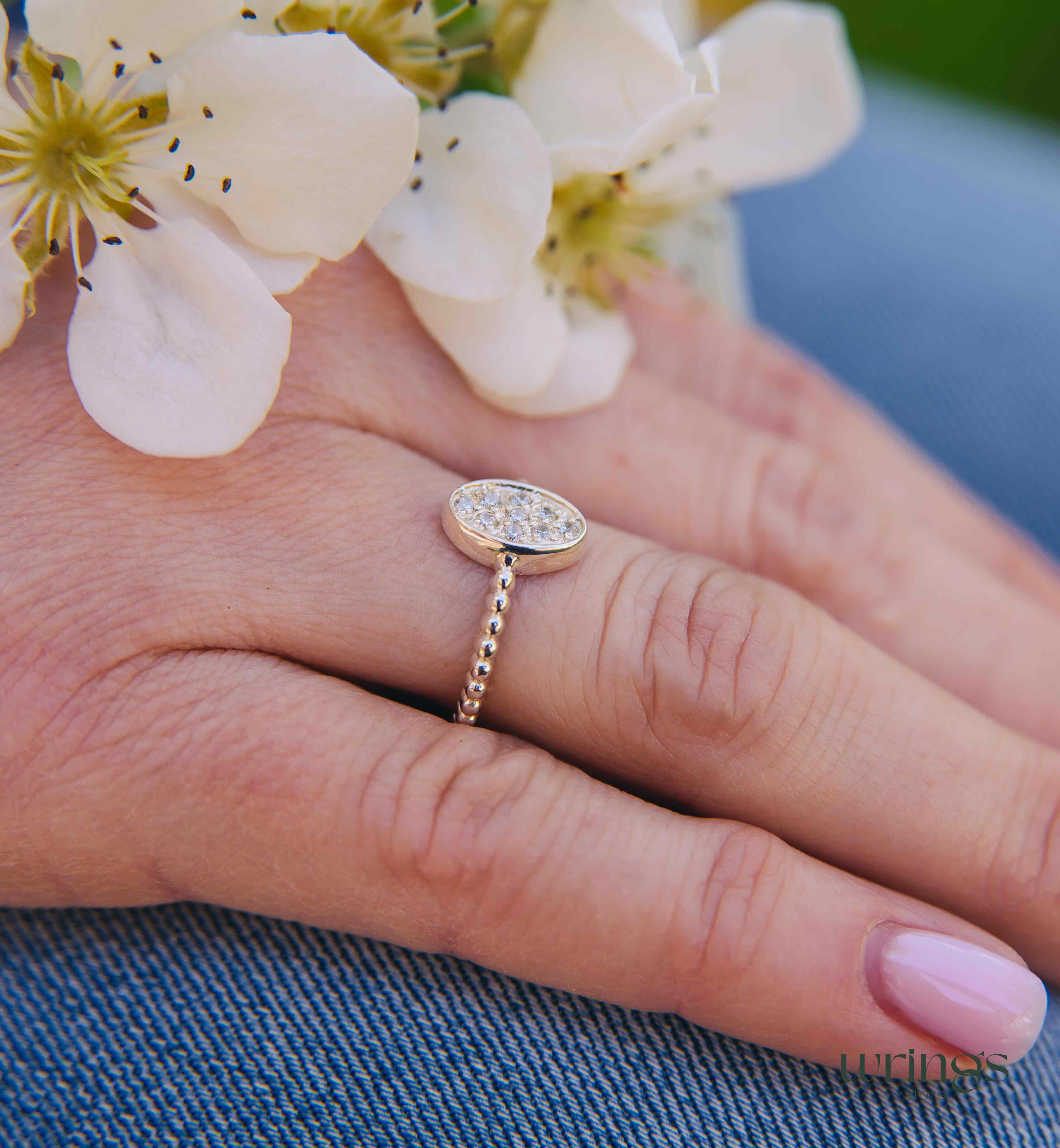 Pave Style Diamonds Bubble Oval Ring Silver