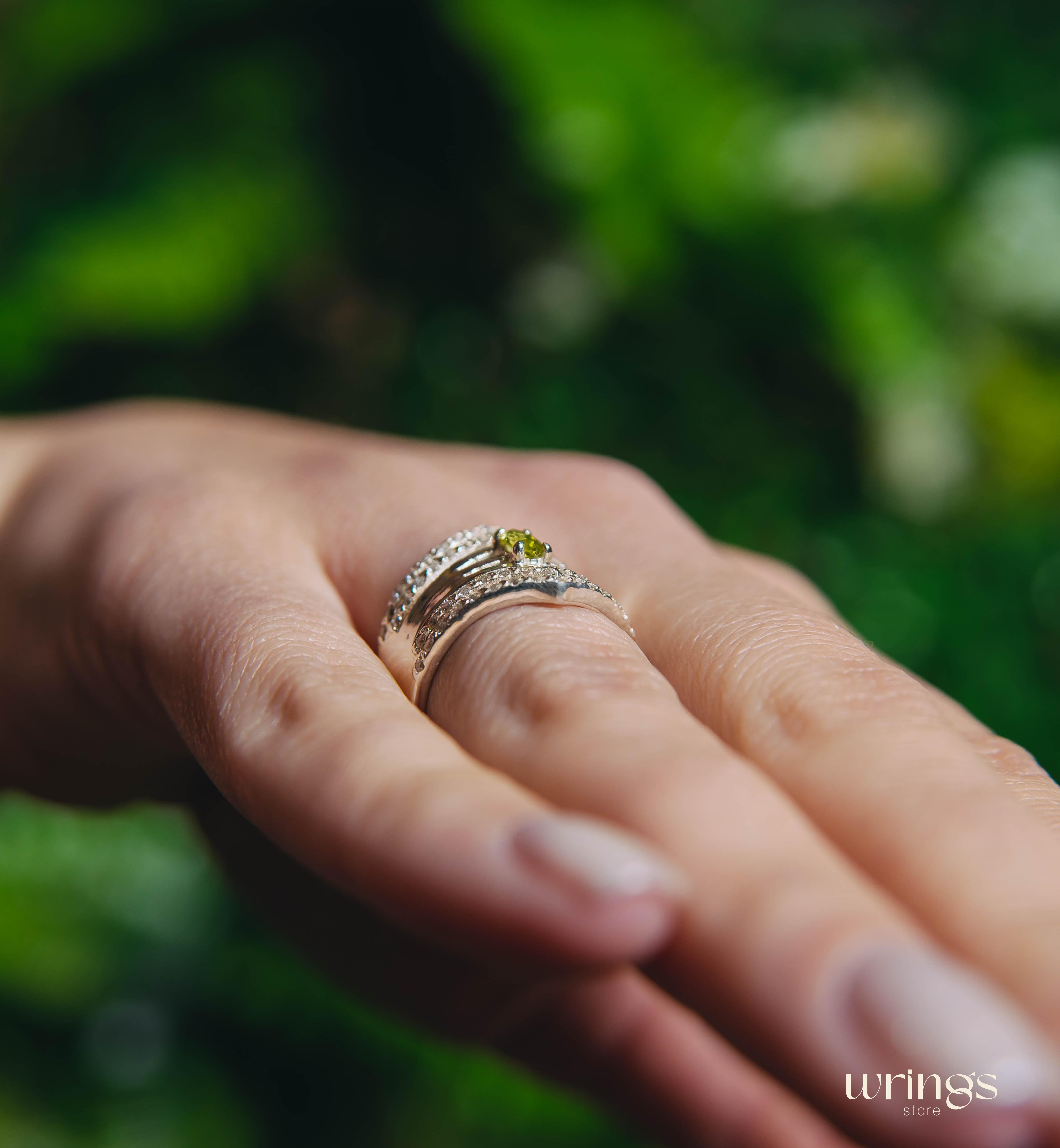 Wide Double Chevron Statement Ring Peridot & Diamonds
