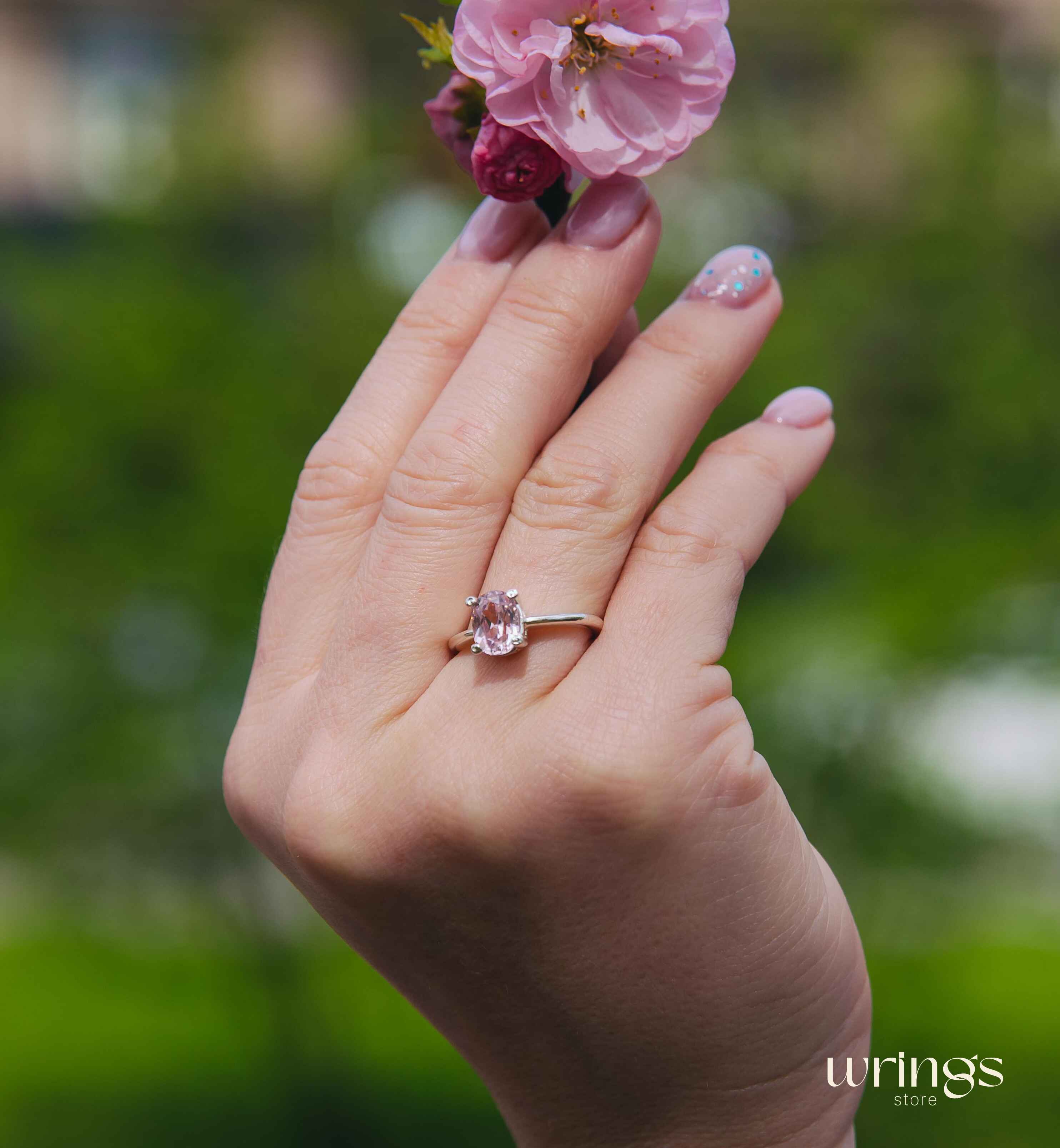 Large Oval Rose Quartz Solitaire Ring Sterling Silver