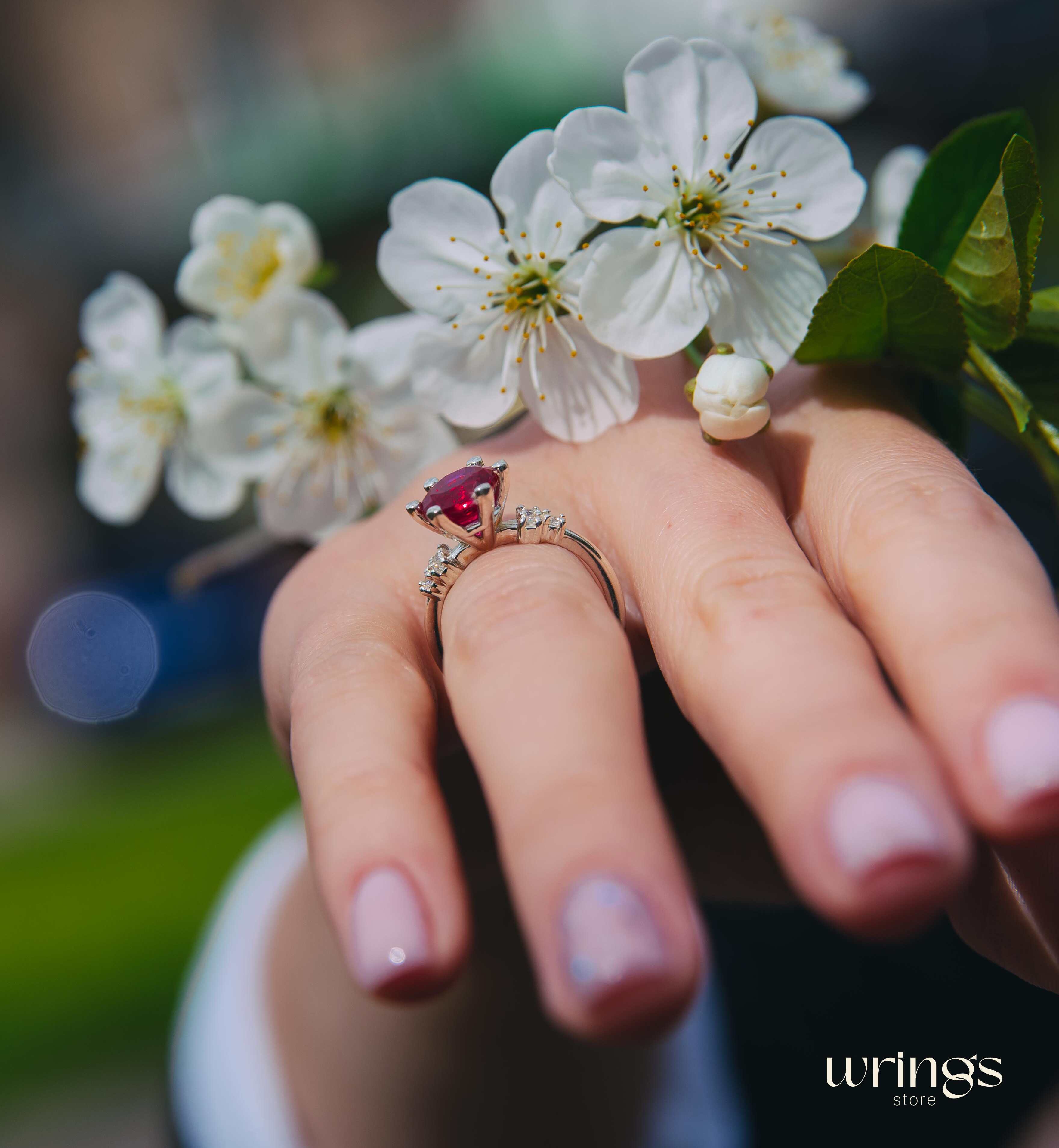 Large Red Simulated Ruby Cluster Engagemet Ring Silver