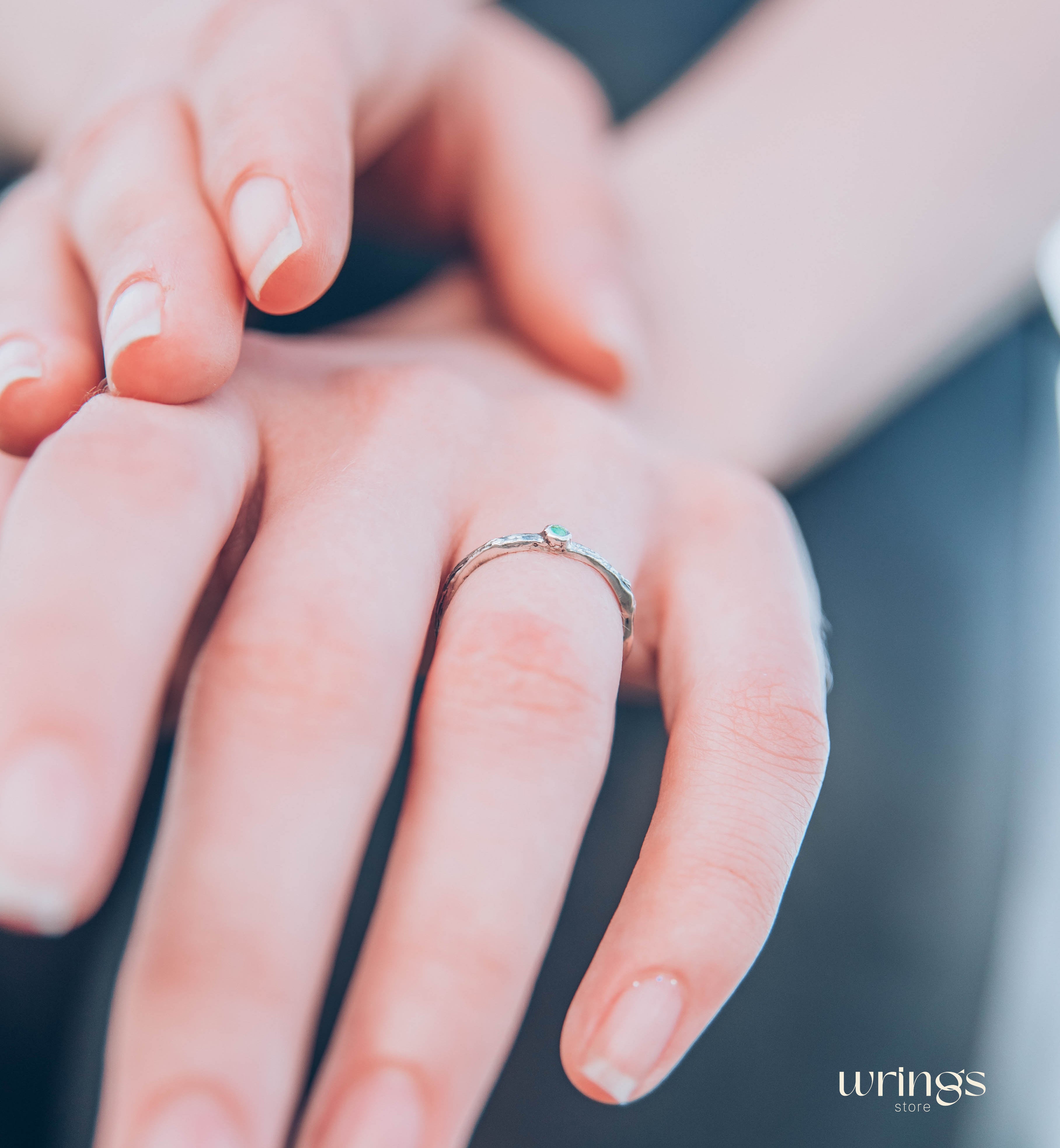 Extra Tiny Silver Branch Wedding Band with Emerald