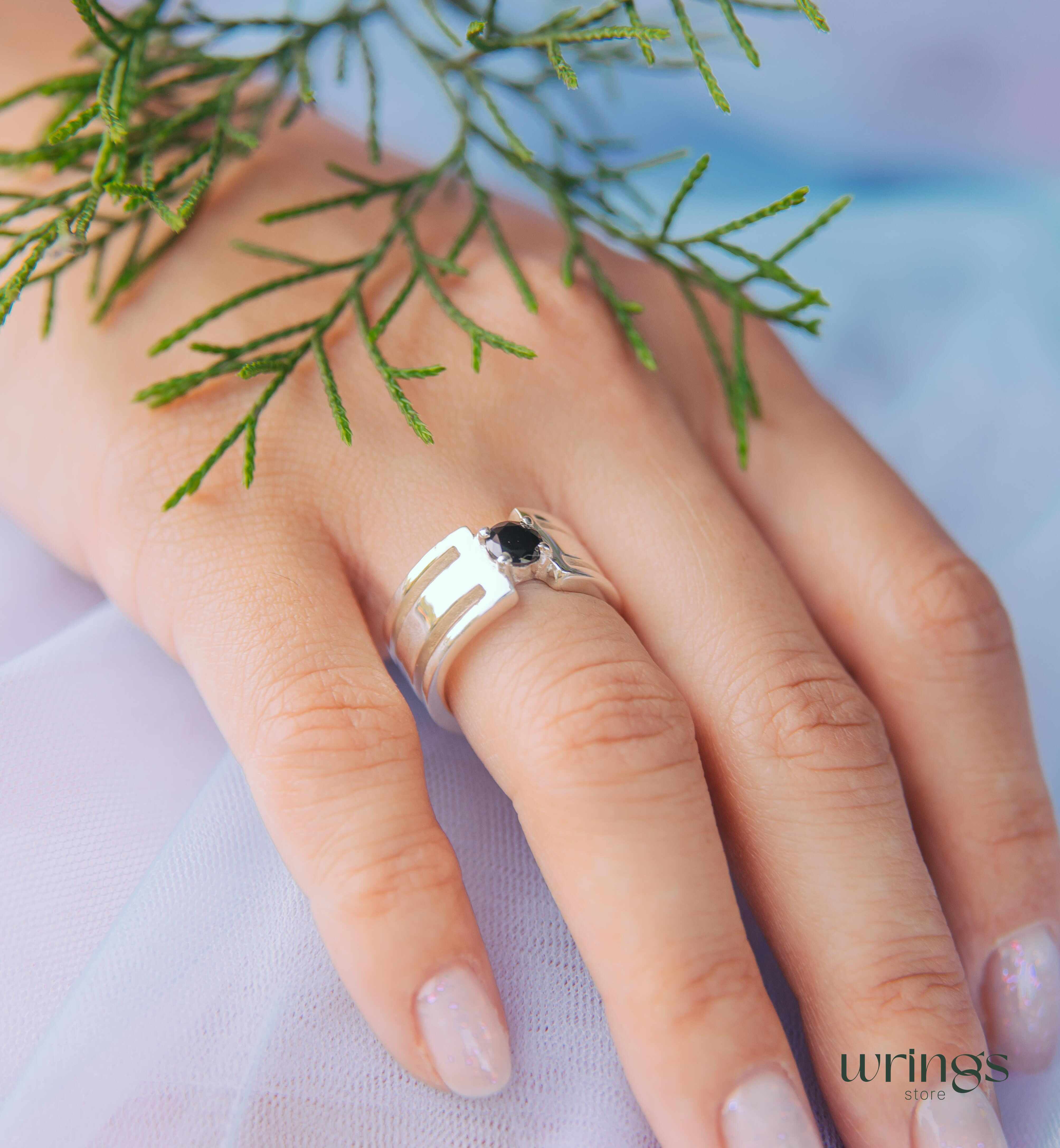 Round Black Diamond Silver Wide Band Engagement Ring